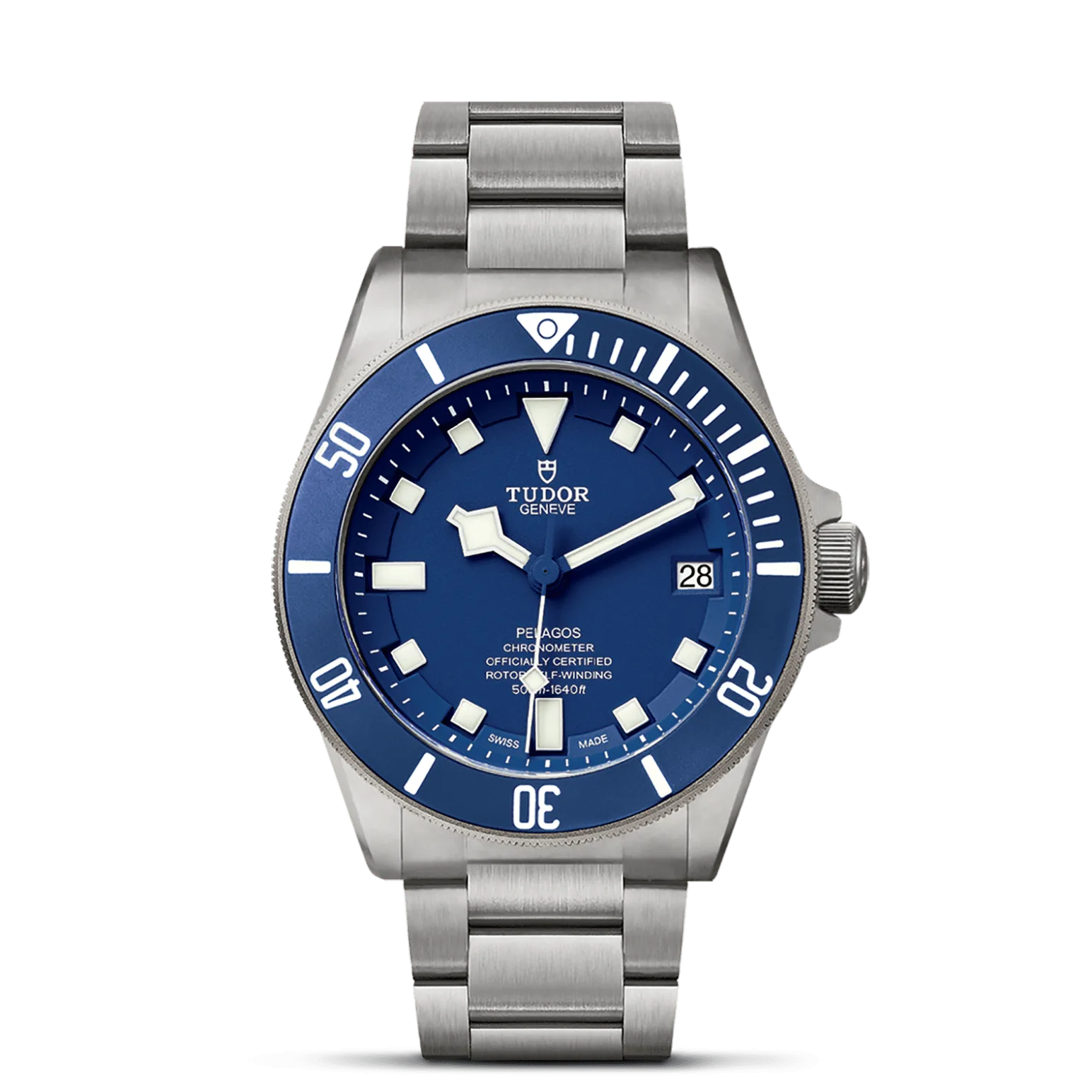 Pelagos, con Dial Blue with white indexy Bisel Unidirectional rotatable bezel in titanium, graduated over 60 minutes with ceramic matt blue disc and graduations with white luminescent material