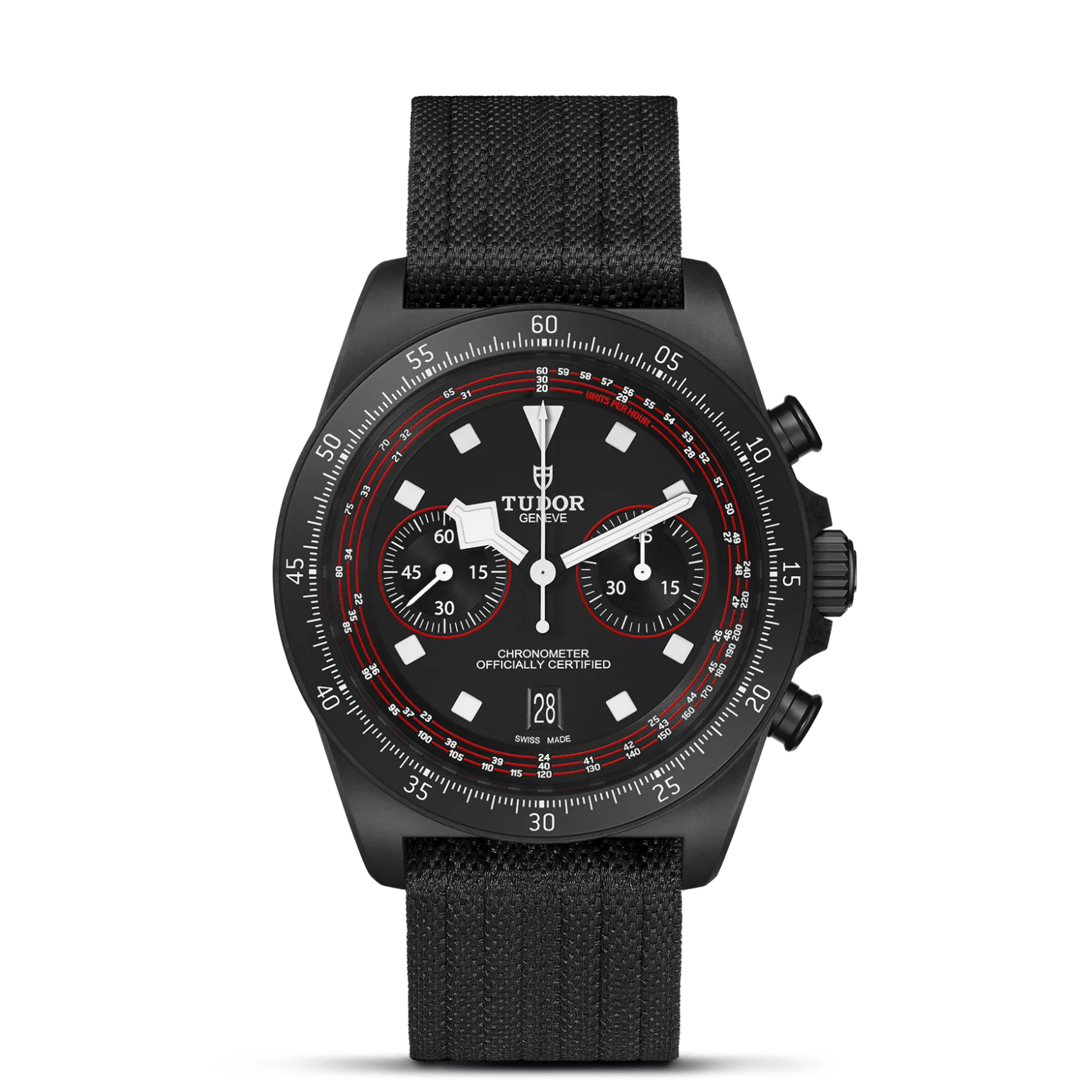 Pelagos FXD Chrono, con Dial Matte black, red accents on the chronograph counters and tachymeter scaley Bisel 60-minute scale, fixed