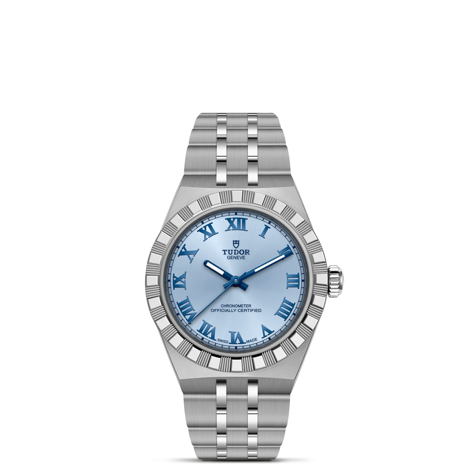 TUDOR Royal, con Dial Light blue, applied Roman numeralsy Bisel Stainless steel bezel