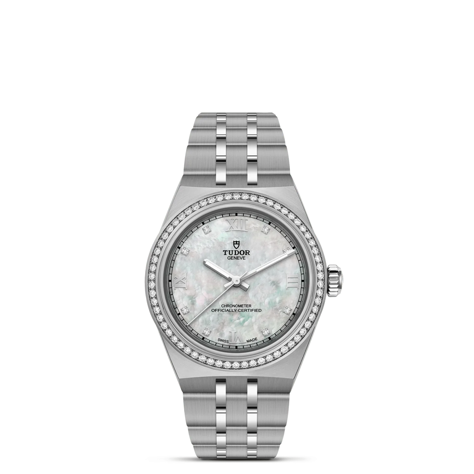 TUDOR Royal, con Dial Mother-of-pearl dial, applied Roman numeralsy Bisel Stainless steel bezel set with diamonds