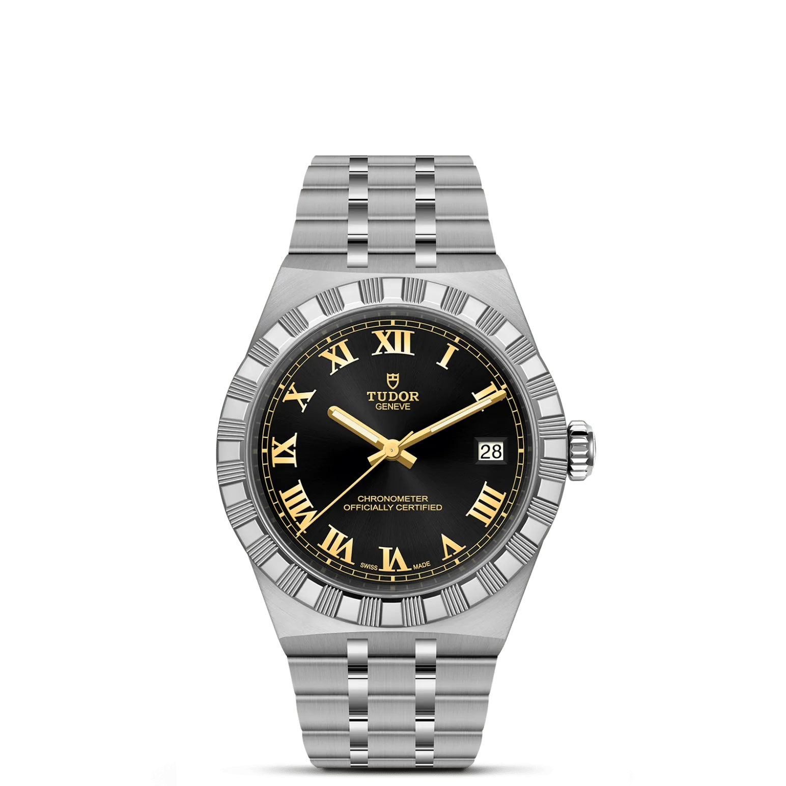 TUDOR Royal, con Dial Black dial, applied Roman numeralsy Bisel Stainless steel bezel