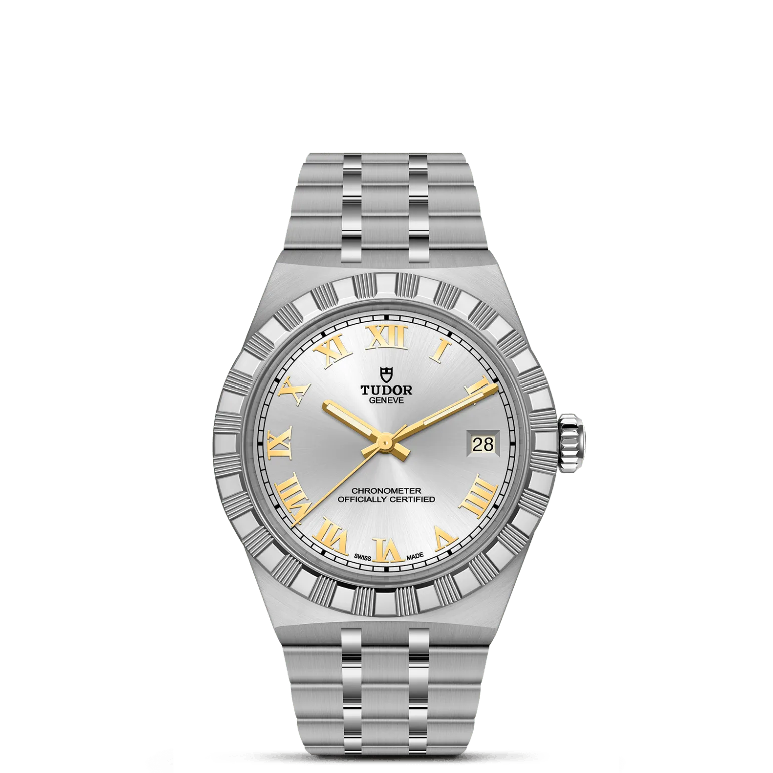 TUDOR Royal, con Dial Silver dial, applied Roman numeralsy Bisel Stainless steel bezel