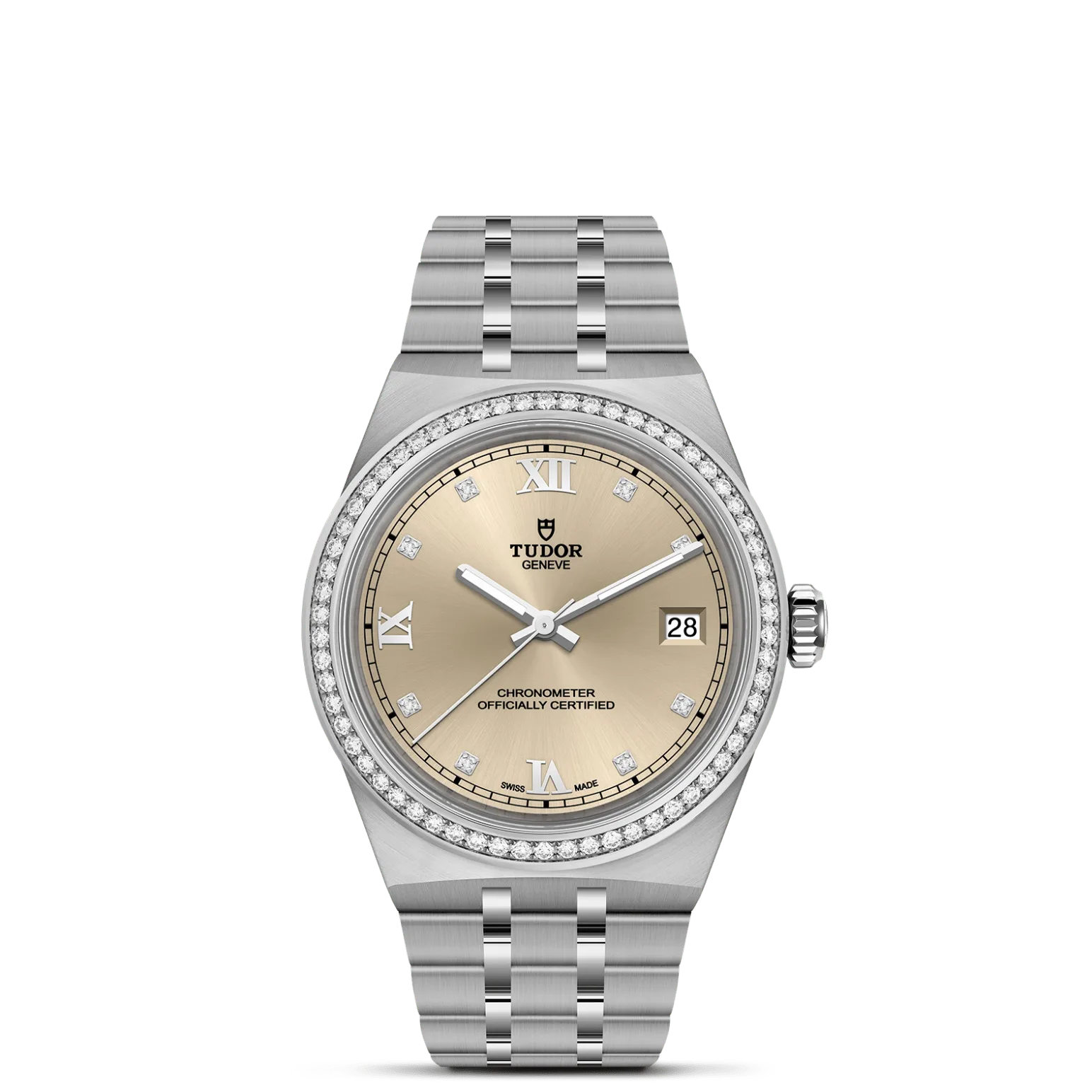TUDOR Royal, con Dial Ivory dial, applied Roman numeralsy Bisel Stainless steel bezel set with diamonds