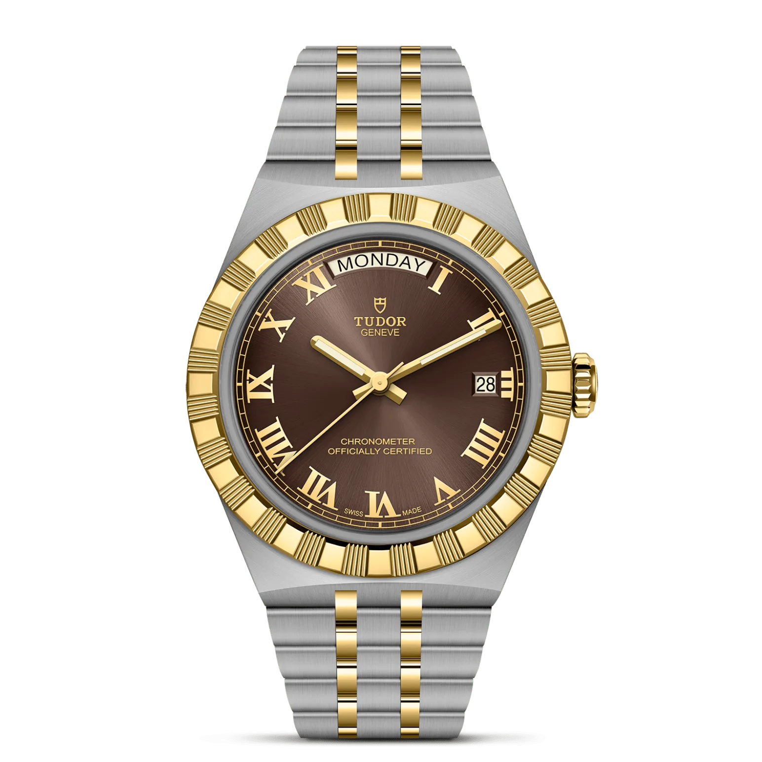 TUDOR Royal, con Dial Brown dial, applied Roman numeralsy Bisel Fixed bezel in solid yellow gold