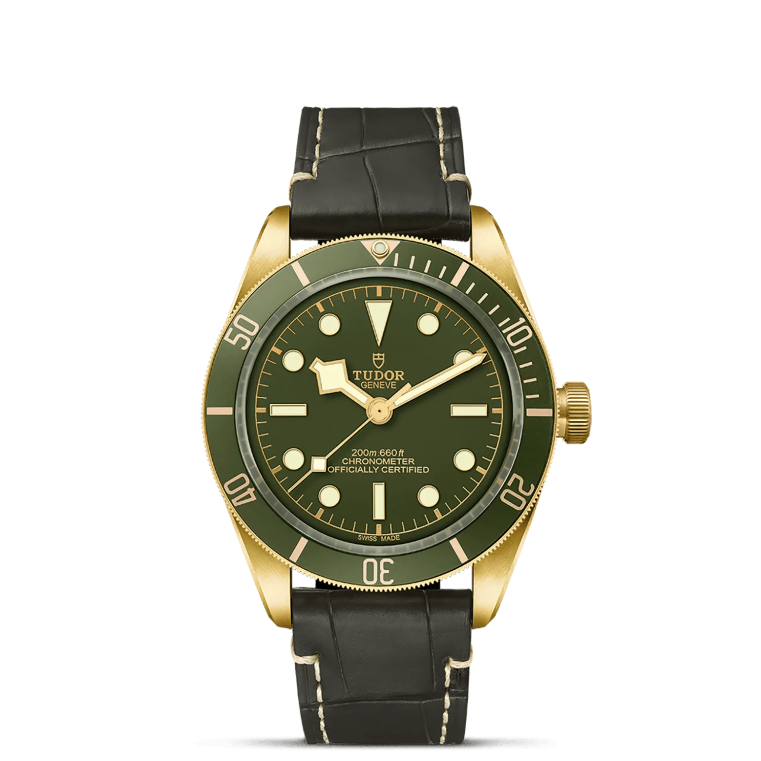 Black Bay 58 18K, con Dial Green, domedy Bisel Unidirectional rotatable bezel in 18 ct yellow gold with 60-minute graduated disc in matt green anodised aluminium and gold gilded markings and numerals
