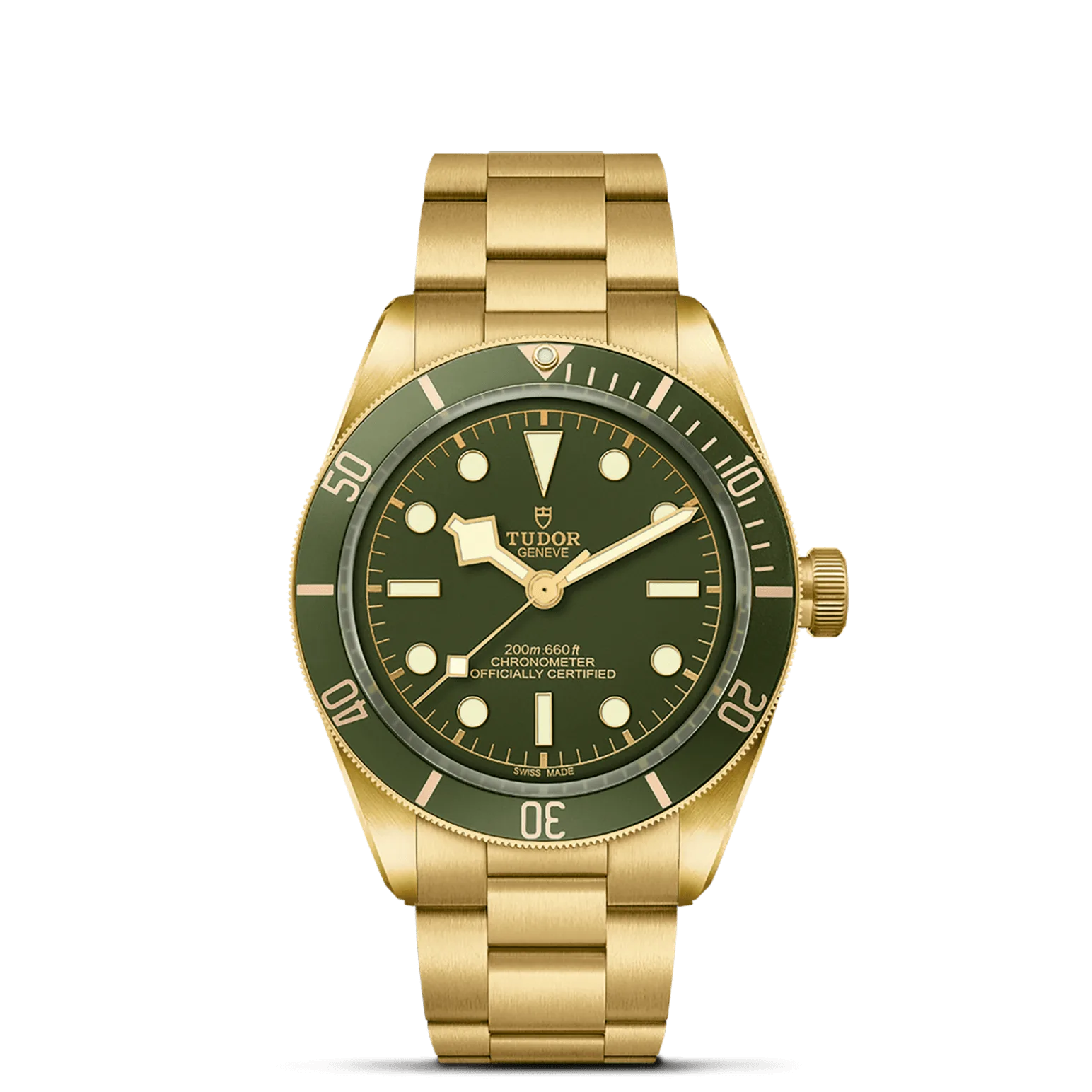 Black Bay 58 18K, con Dial Green, domedy Bisel Unidirectional rotatable bezel in 18 ct yellow gold with 60-minute graduated disc in matt green anodised aluminium and gold gilded markings and numerals