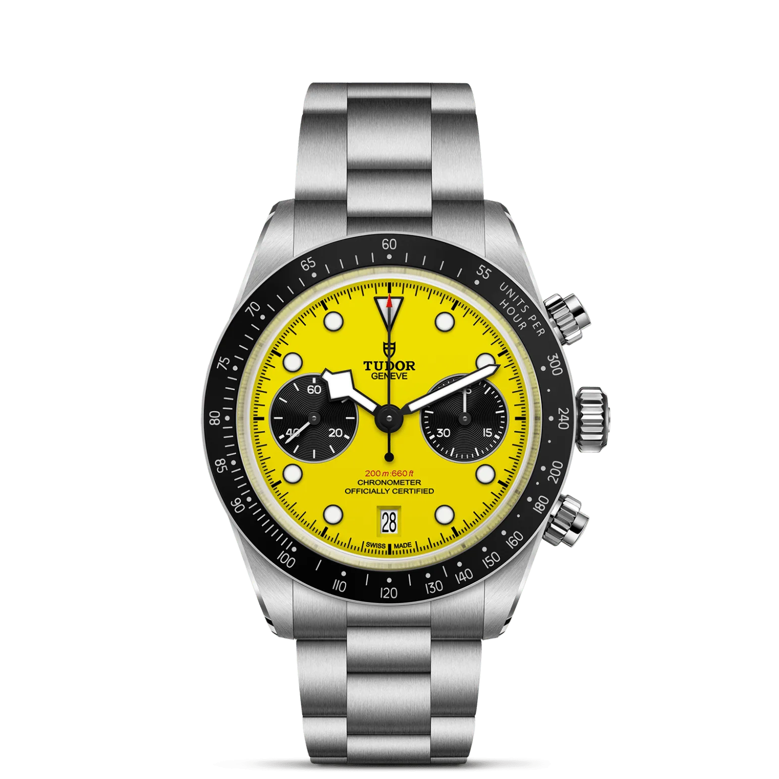 Black Bay Chrono 39, con Dial Yellow with black sub-counters, domedy Bisel Fixed stainless steel bezel with black anodised aluminium insert and tachymetric scale with silver markings