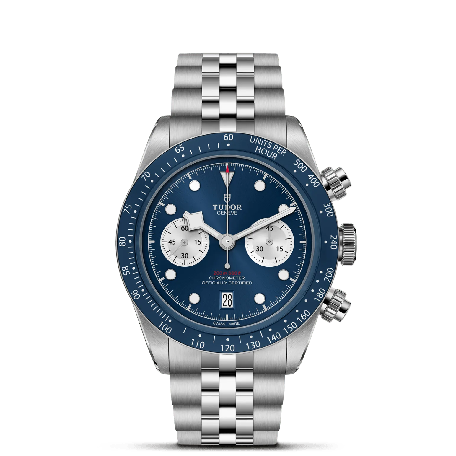 Black Bay Chrono, con Dial Blue with silver counters, domedy Bisel Fixed stainless steel bezel with blue anodised aluminium insert and tachymetric scale with silver markings