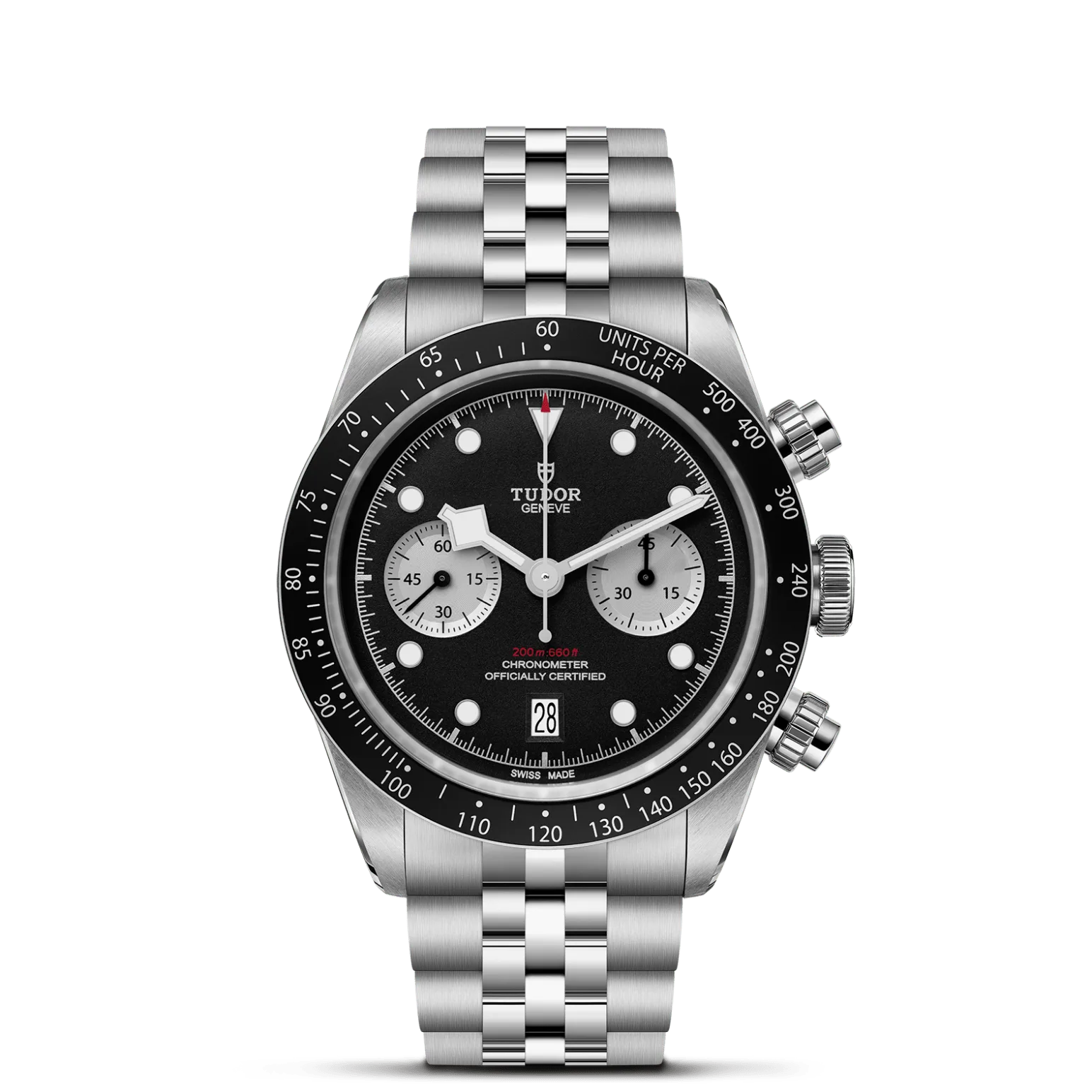 Black Bay Chrono, con Dial Black with silver counters, domedy Bisel Fixed stainless steel bezel with matt black anodised aluminium disc with tachymetric scale and silver markings