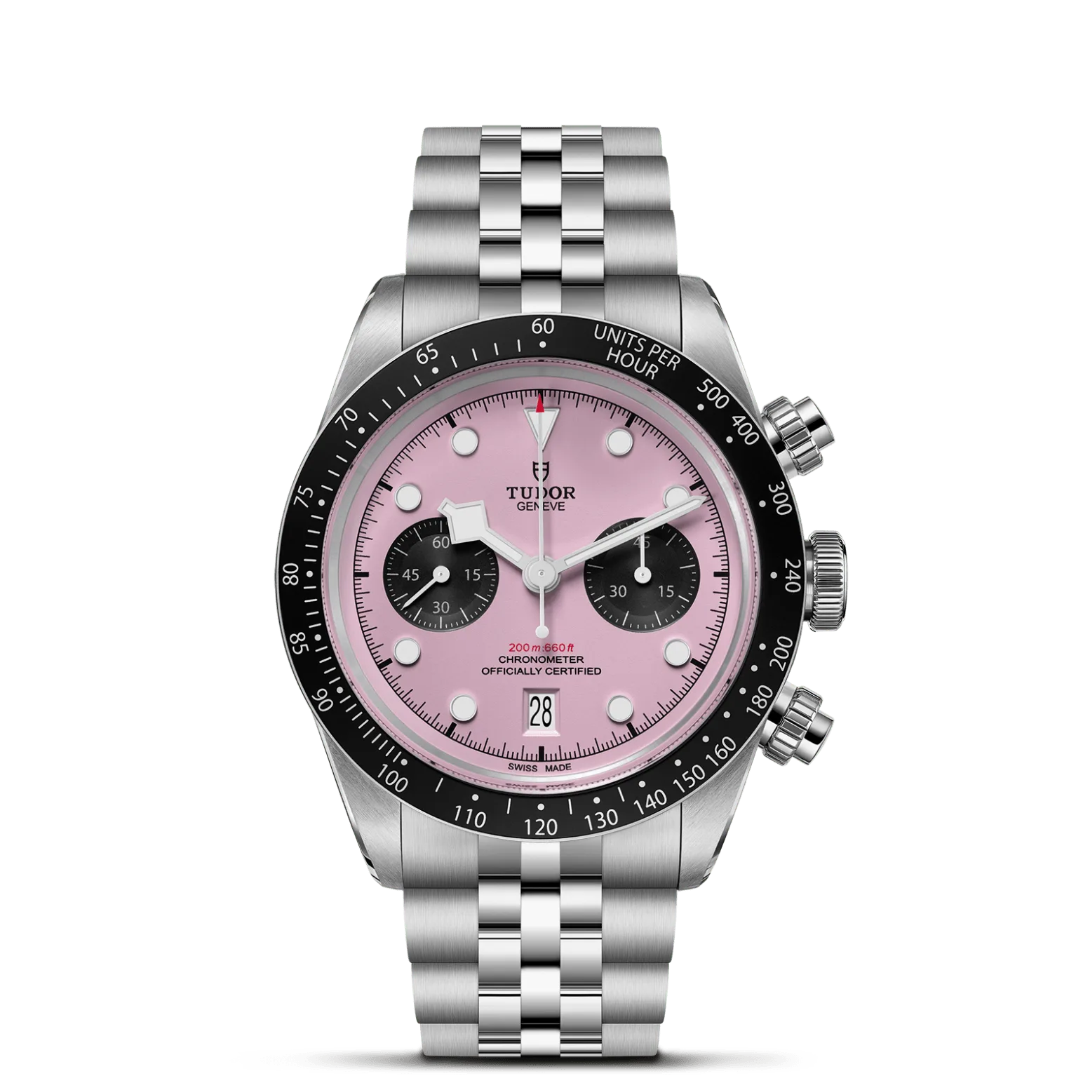 Black Bay Chrono, con Dial Pink with black counters, domedy Bisel Fixed stainless steel bezel with matt black anodised aluminium disc with tachymetric scale and silver markings