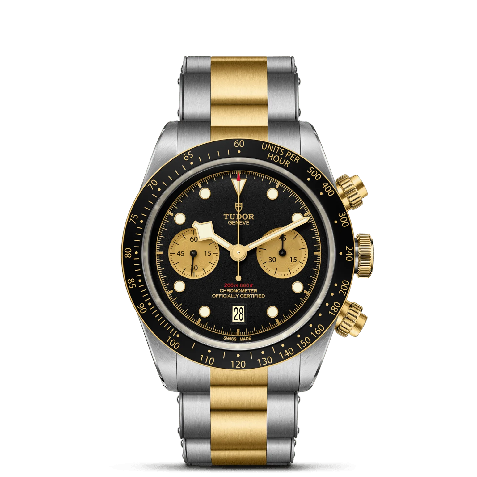 Black Bay Chrono S&G, con Dial Black, domedy Bisel Fixed solid yellow gold bezel with matt black anodised aluminium disc with tachymetric scale, yellow gold markings