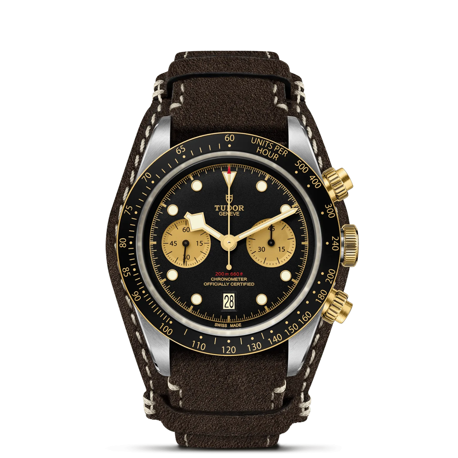 Black Bay Chrono S&G, con Dial Black, domedy Bisel Fixed solid yellow gold bezel with matt black anodised aluminium disc with tachymetric scale, yellow gold markings