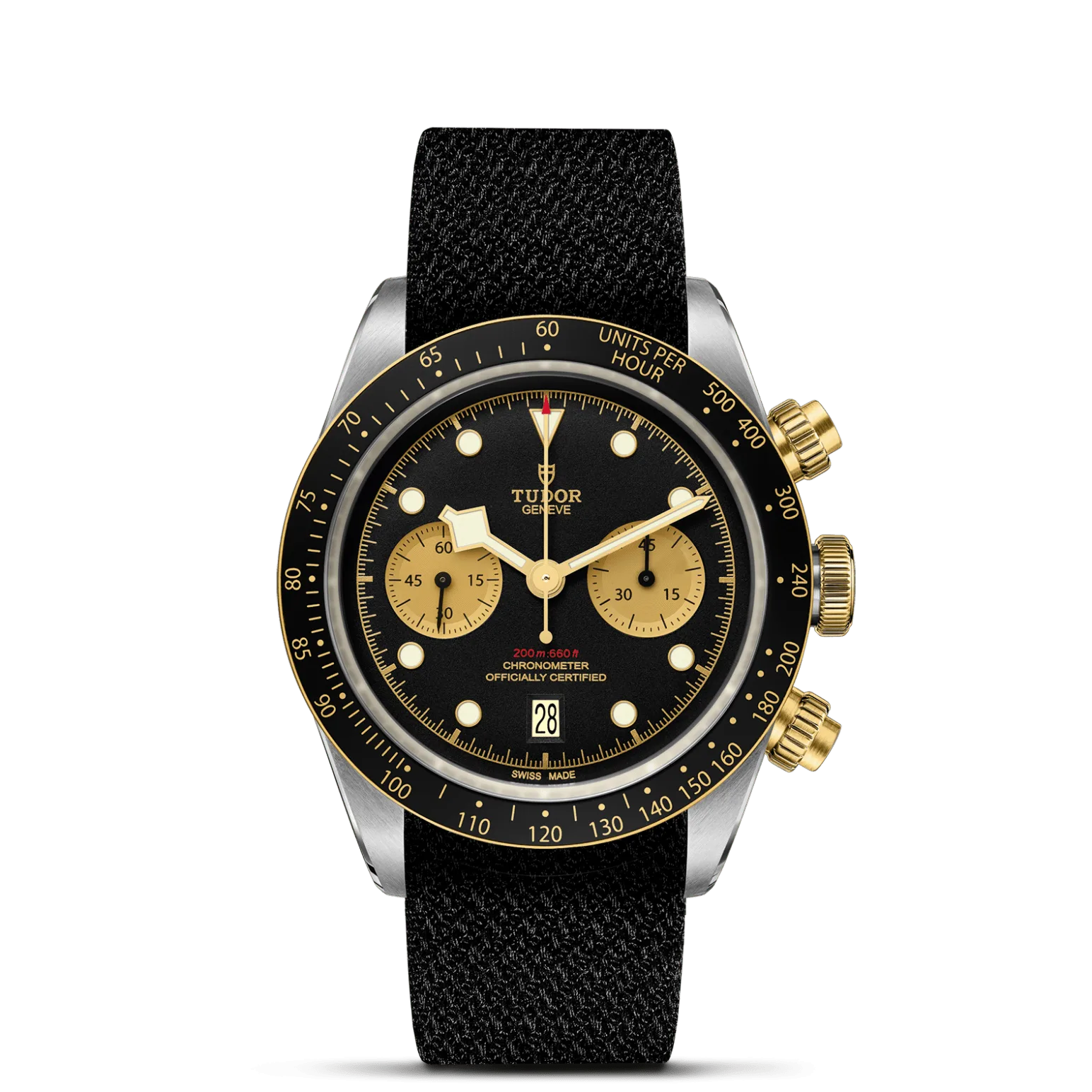 Black Bay Chrono S&G, con Dial Black, domedy Bisel Fixed solid yellow gold bezel with matt black anodised aluminium disc with tachymetric scale, yellow gold markings