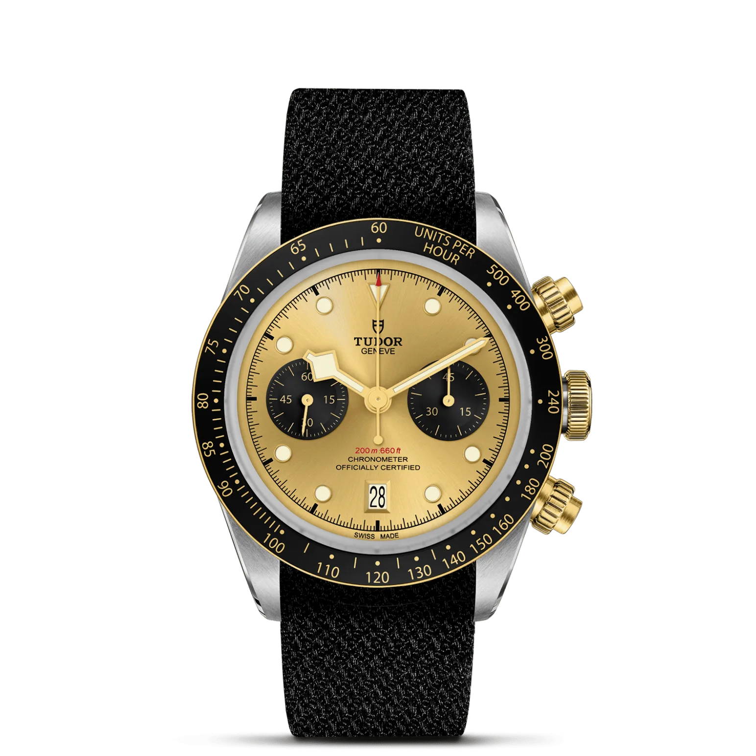 Black Bay Chrono S&G, con Dial Champagne-colour with black counters, domedy Bisel Fixed solid yellow gold bezel with matt black anodised aluminium disc with tachymetric scale, yellow gold markings