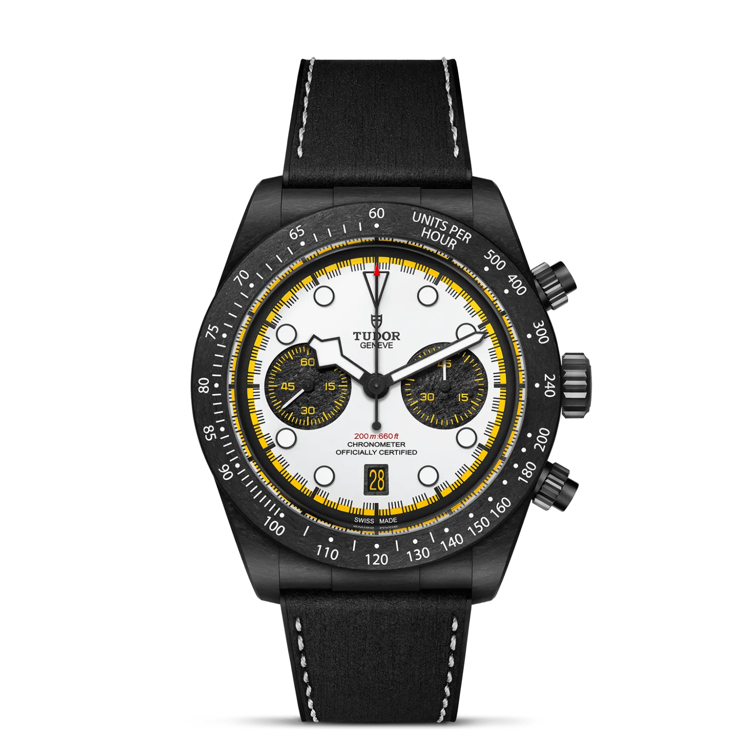 Black Bay Chrono, con Dial White dial with black counters, domedy Bisel Fixed carbon fibre bezel with tachymetric markings, all one piece