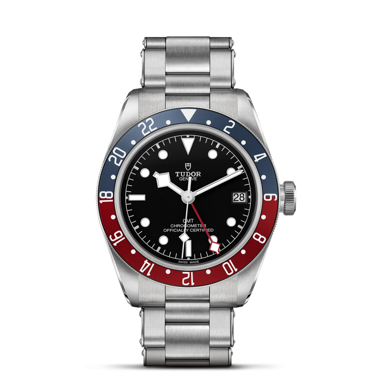 Black Bay GMT, con Dial Black, domedy Bisel Bidirectional rotatable 48 notches bezel in steel with 24-hour graduated anodised aluminium disc in matt burgundy and blue