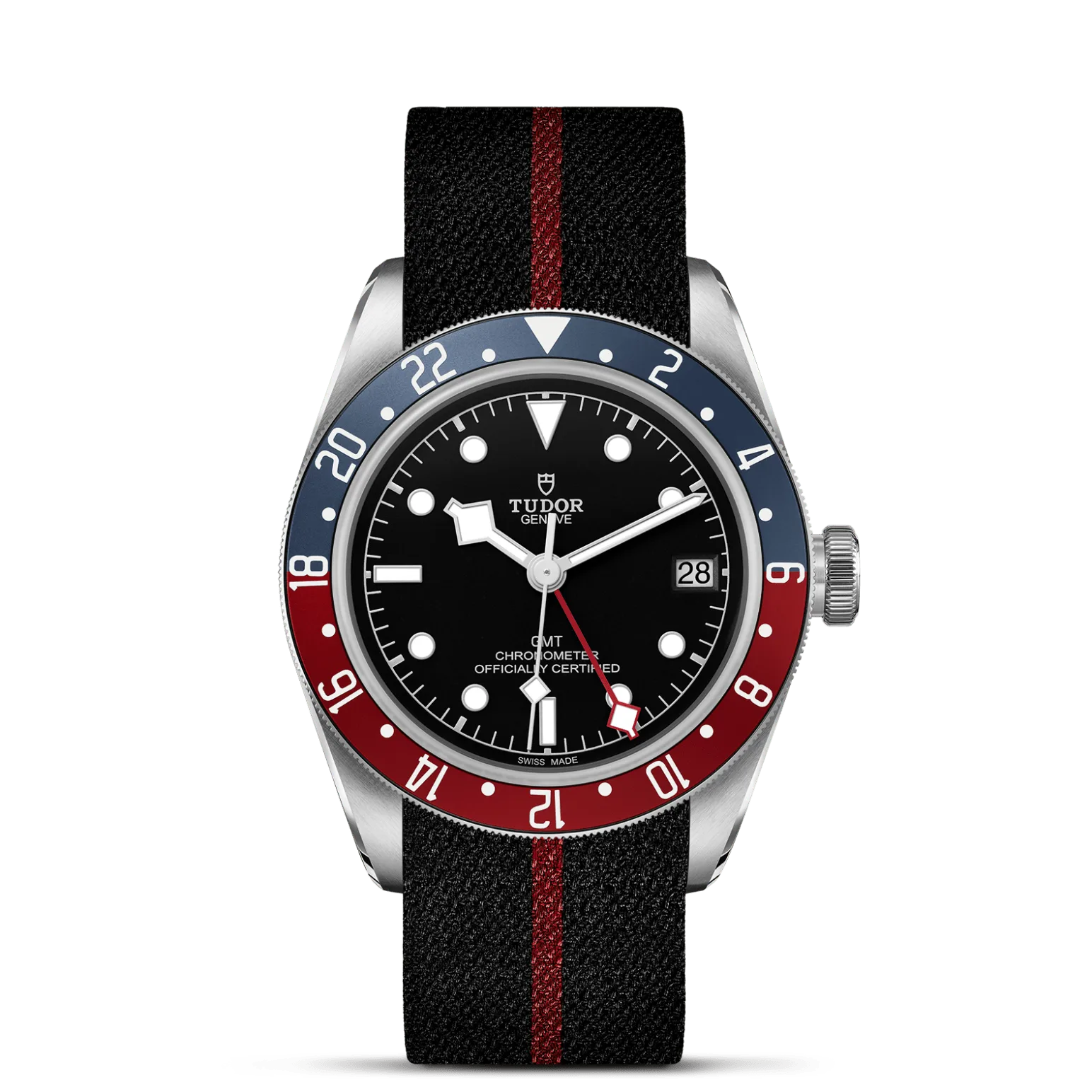 Black Bay GMT, con Dial Black, domedy Bisel Bidirectional rotatable 48 notches bezel in steel with 24-hour graduated anodised aluminium disc in matt burgundy and blue