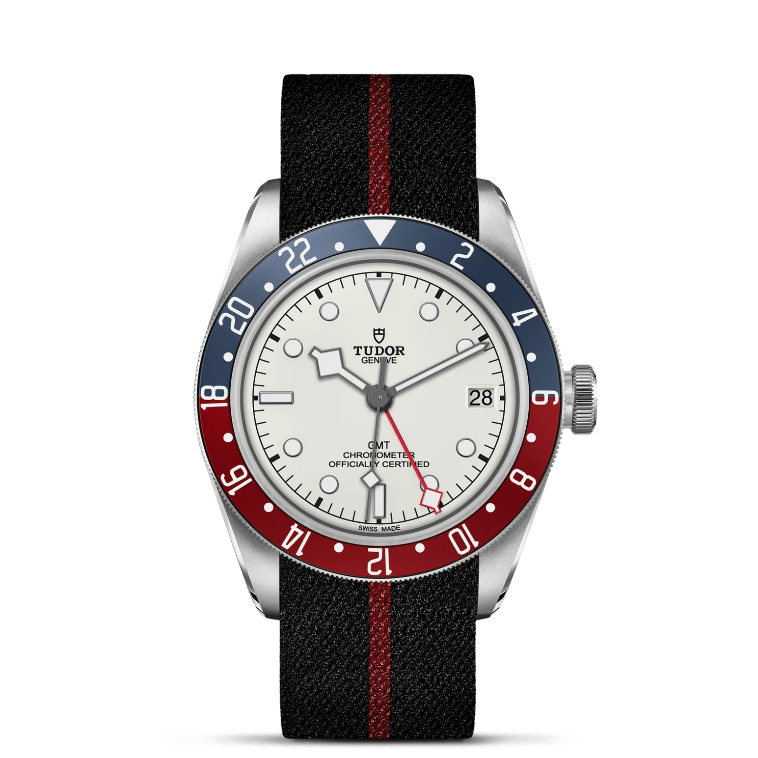 Black Bay GMT, con Dial Domed opaline dial with a galvanic finishy Bisel Bidirectional rotatable 48 notches bezel in steel with 24-hour graduated anodised aluminium disc in matt burgundy and blue