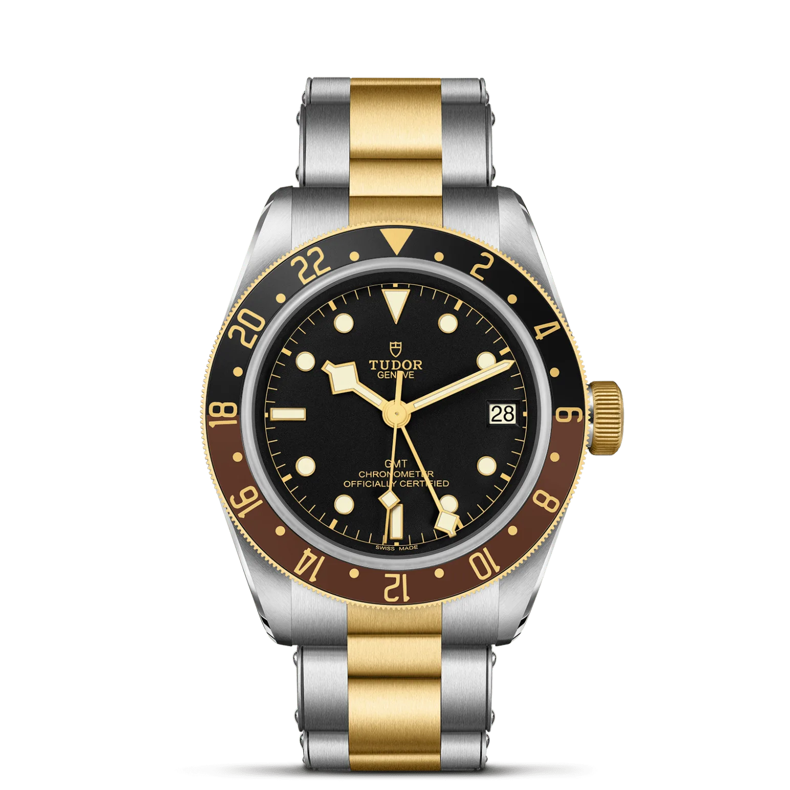 Black Bay GMT S&G, con Dial Black, domedy Bisel 48-notch bidirectional rotating bezel with a steel core, covered by a 0.3mm yellow gold cap. 24-hour graduated matt brown and black anodised aluminium disc