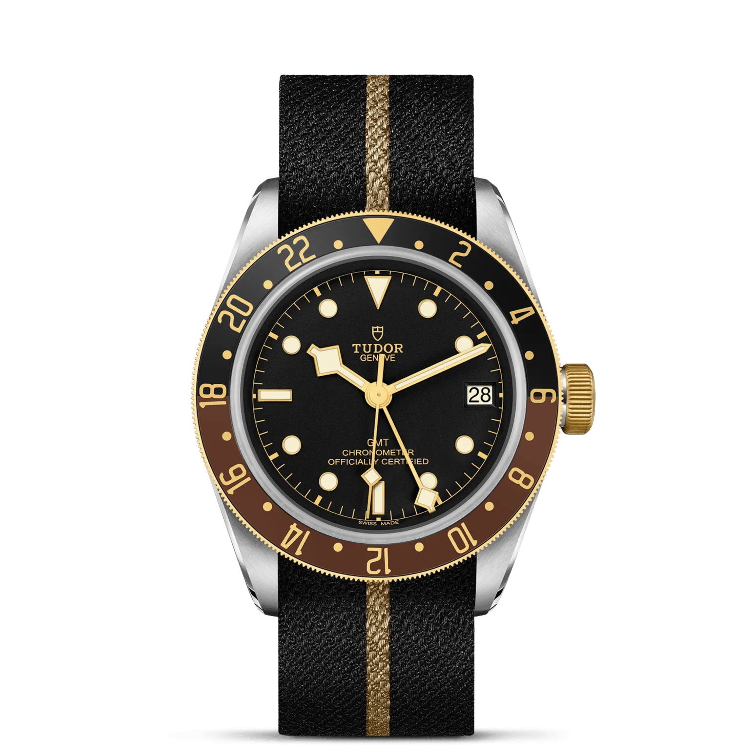 Black Bay GMT S&G, con Dial Black, domedy Bisel 48-notch bidirectional rotating bezel with a steel core, covered by a 0.3mm yellow gold cap. 24-hour graduated matt brown and black anodised aluminium disc