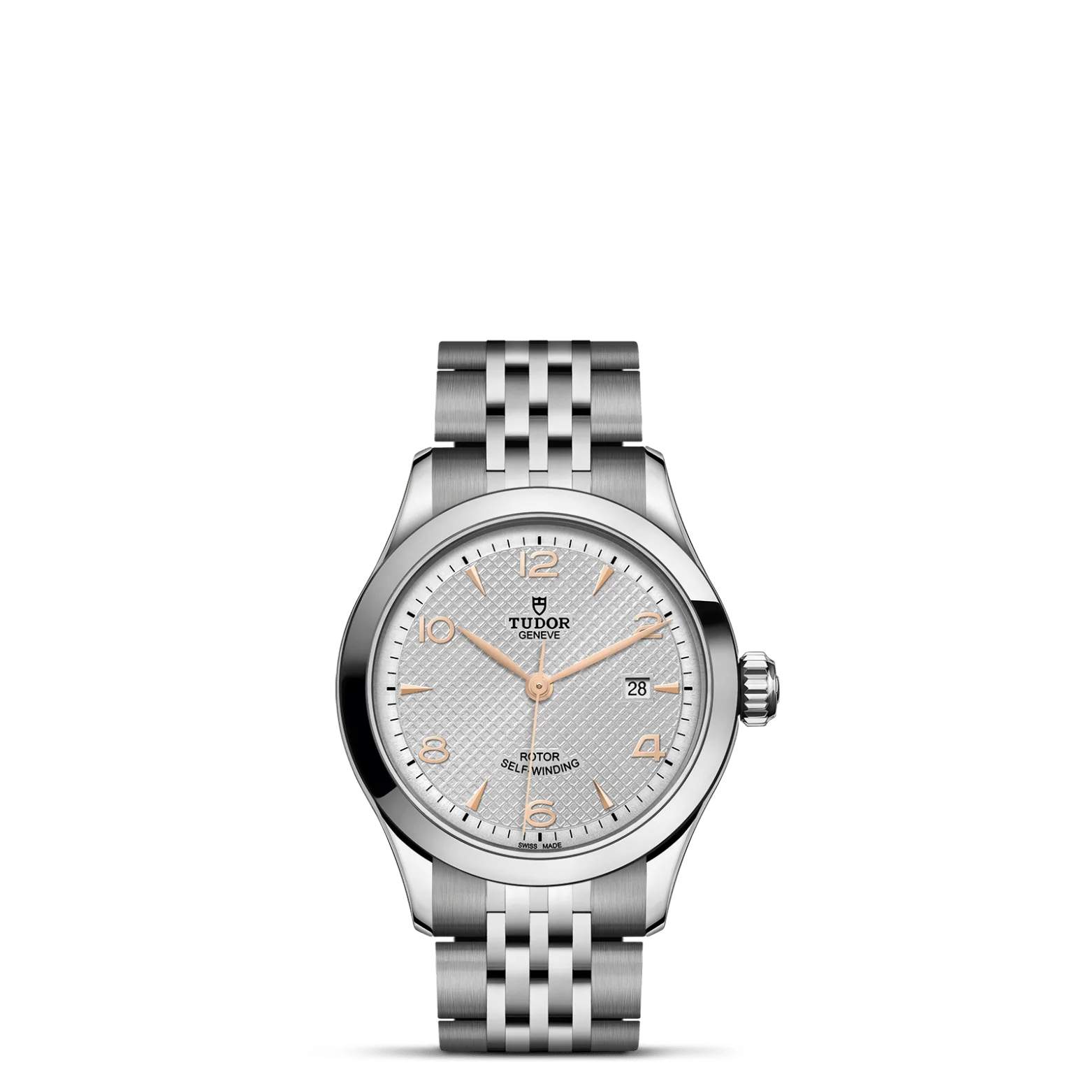 TUDOR 1926, con Dial Silver, embossed decoration, domedy Bisel Smooth steel bezel with polished finish