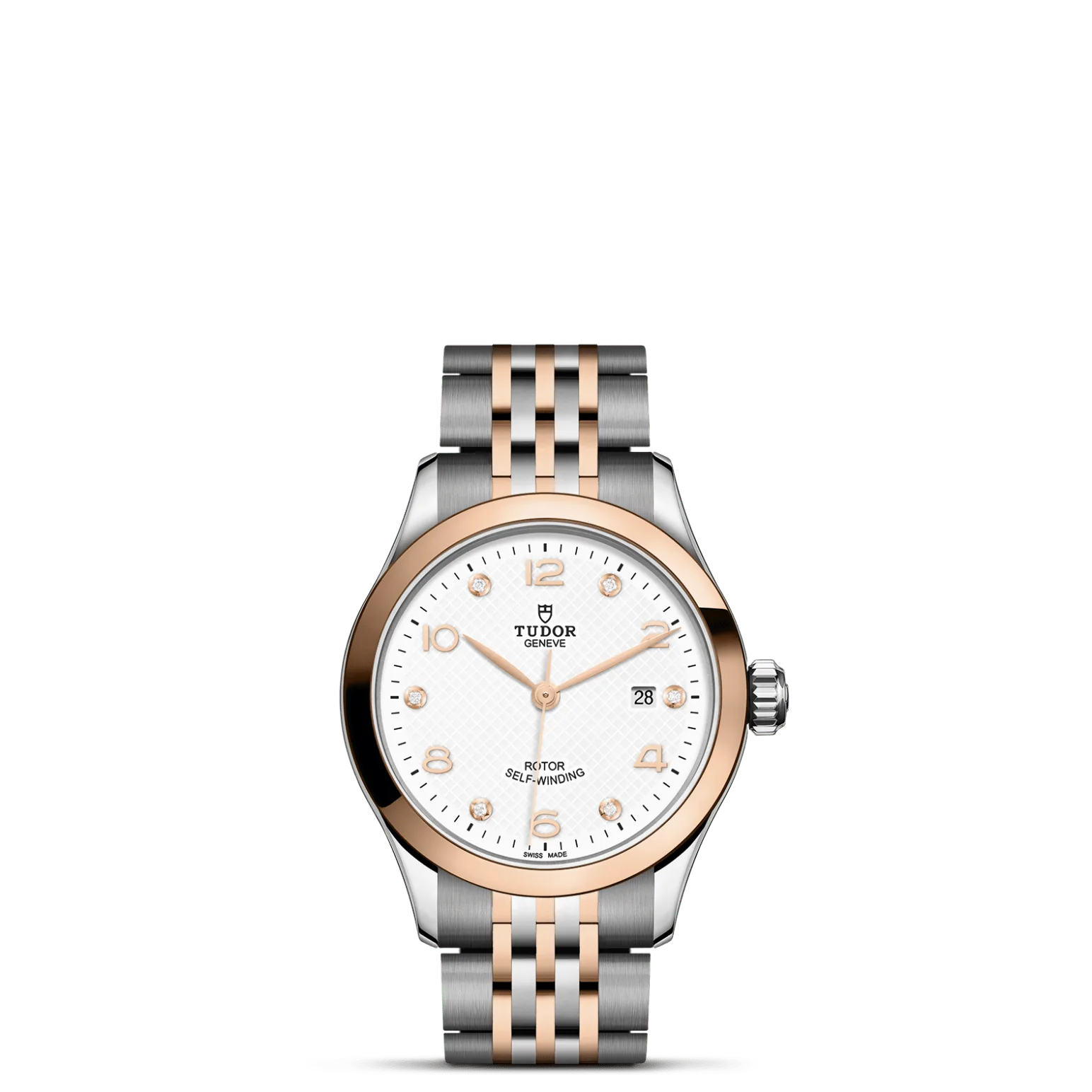 TUDOR 1926, con Dial White, embossed decoration, domed, with 6 diamondsy Bisel Smooth solid rose gold bezel with polished finish