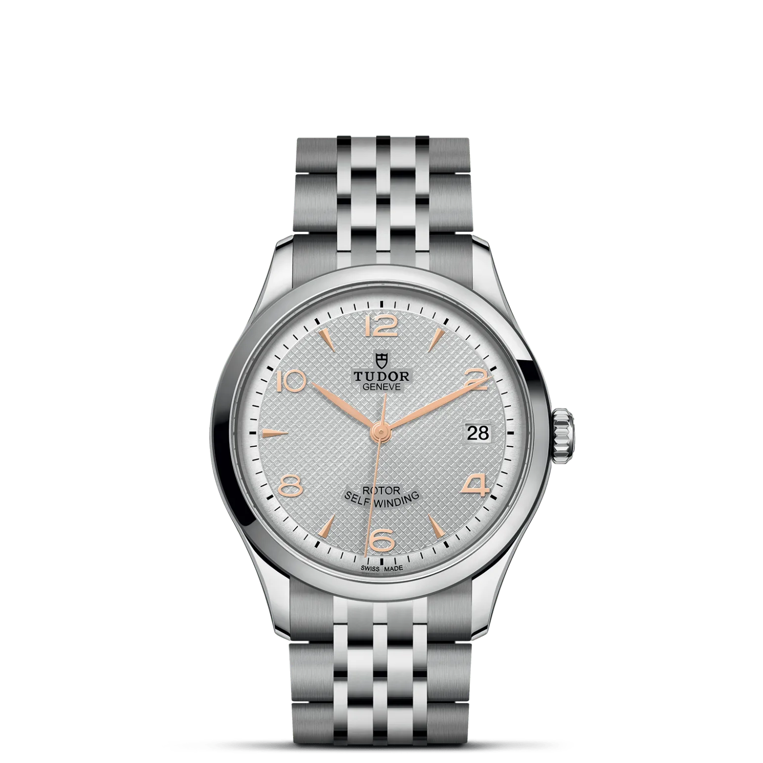 TUDOR 1926, con Dial Silver, embossed decoration, domedy Bisel Smooth steel bezel with polished finish