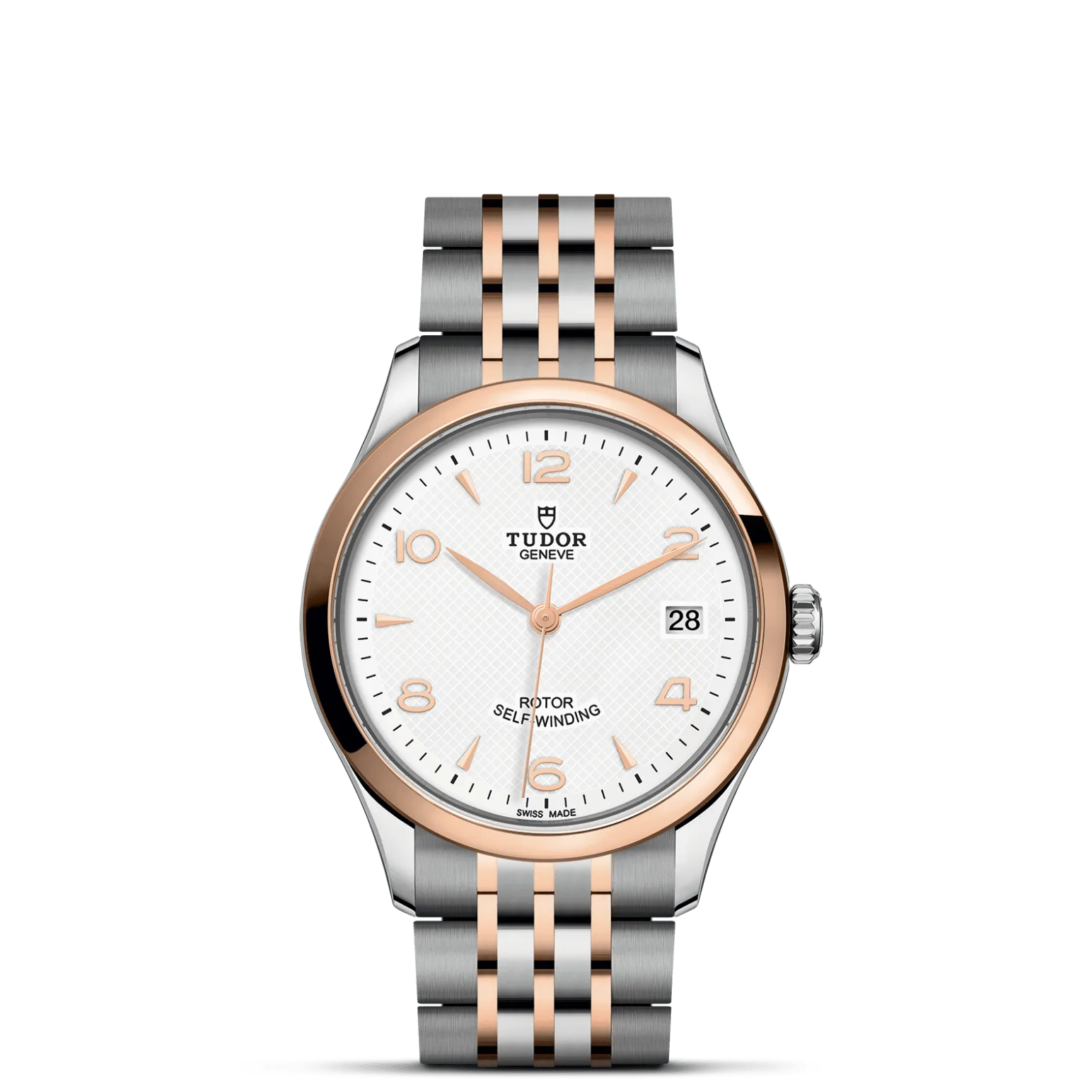 TUDOR 1926, con Dial White, embossed decoration, domedy Bisel Smooth steel bezel with polished finish covered by a 0.3mm rose gold cap