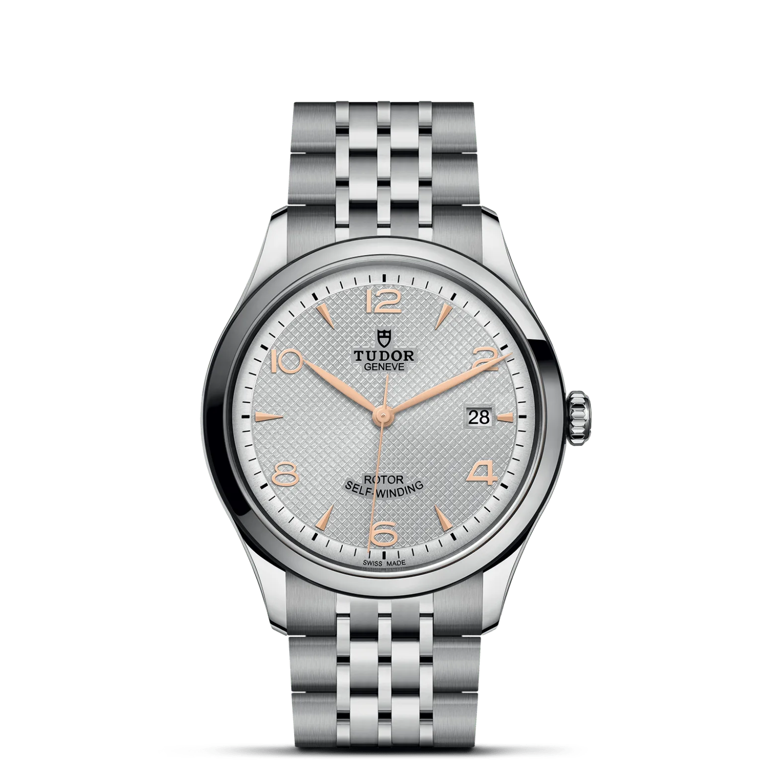 TUDOR 1926, con Dial Silver, embossed decoration, domedy Bisel Smooth steel bezel with polished finish