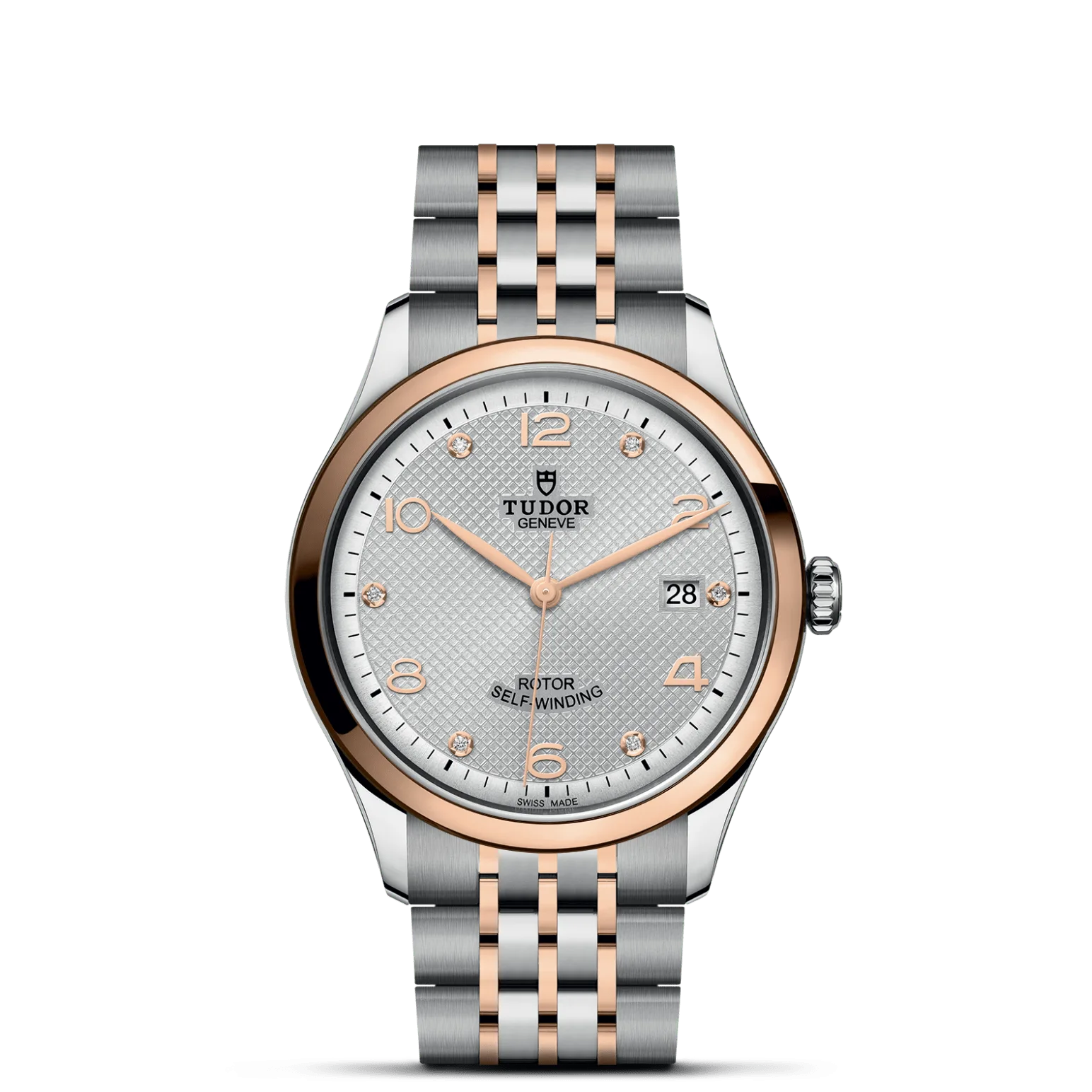 TUDOR 1926, con Dial Silver, embossed decoration, domed, with 6 diamondsy Bisel Smooth steel bezel with polished finish covered by a 0.3mm rose gold cap