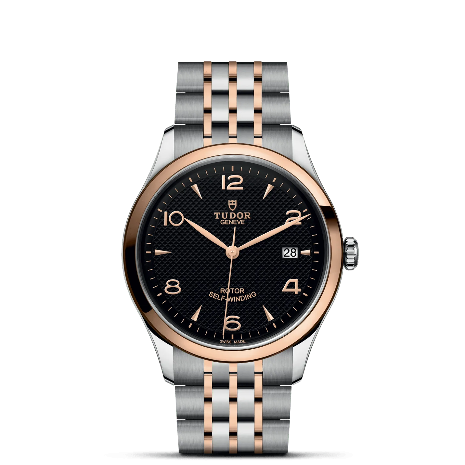 TUDOR 1926, con Dial Black, embossed decoration, domedy Bisel Smooth steel bezel with polished finish covered by a 0.3mm rose gold cap