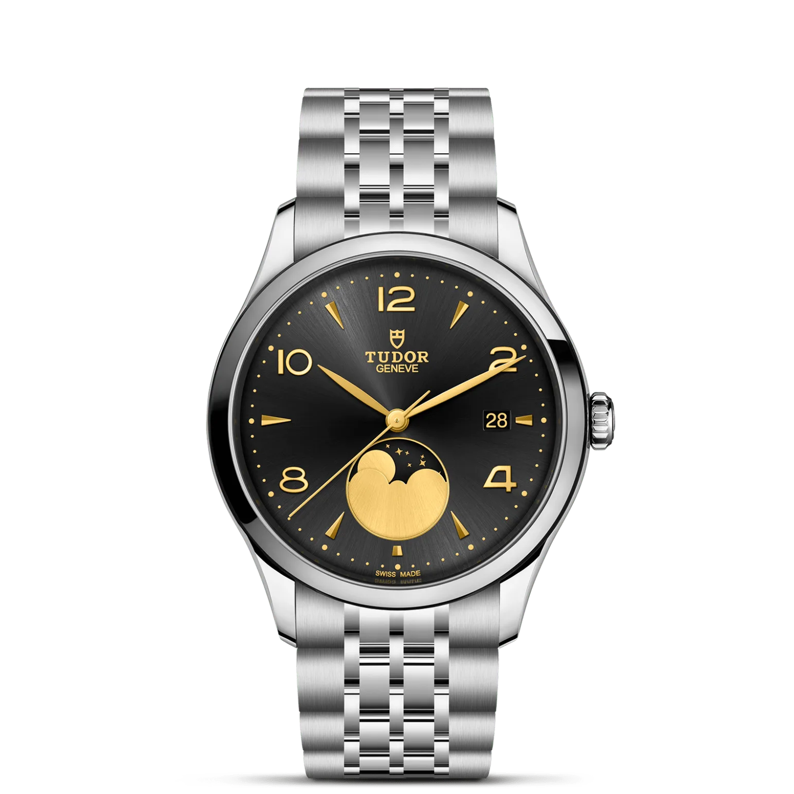 TUDOR 1926 Luna, con Dial Black satin sun-brushed dial with applied numerals and moon phase indicatory Bisel Smooth bezel in steel with polished finish