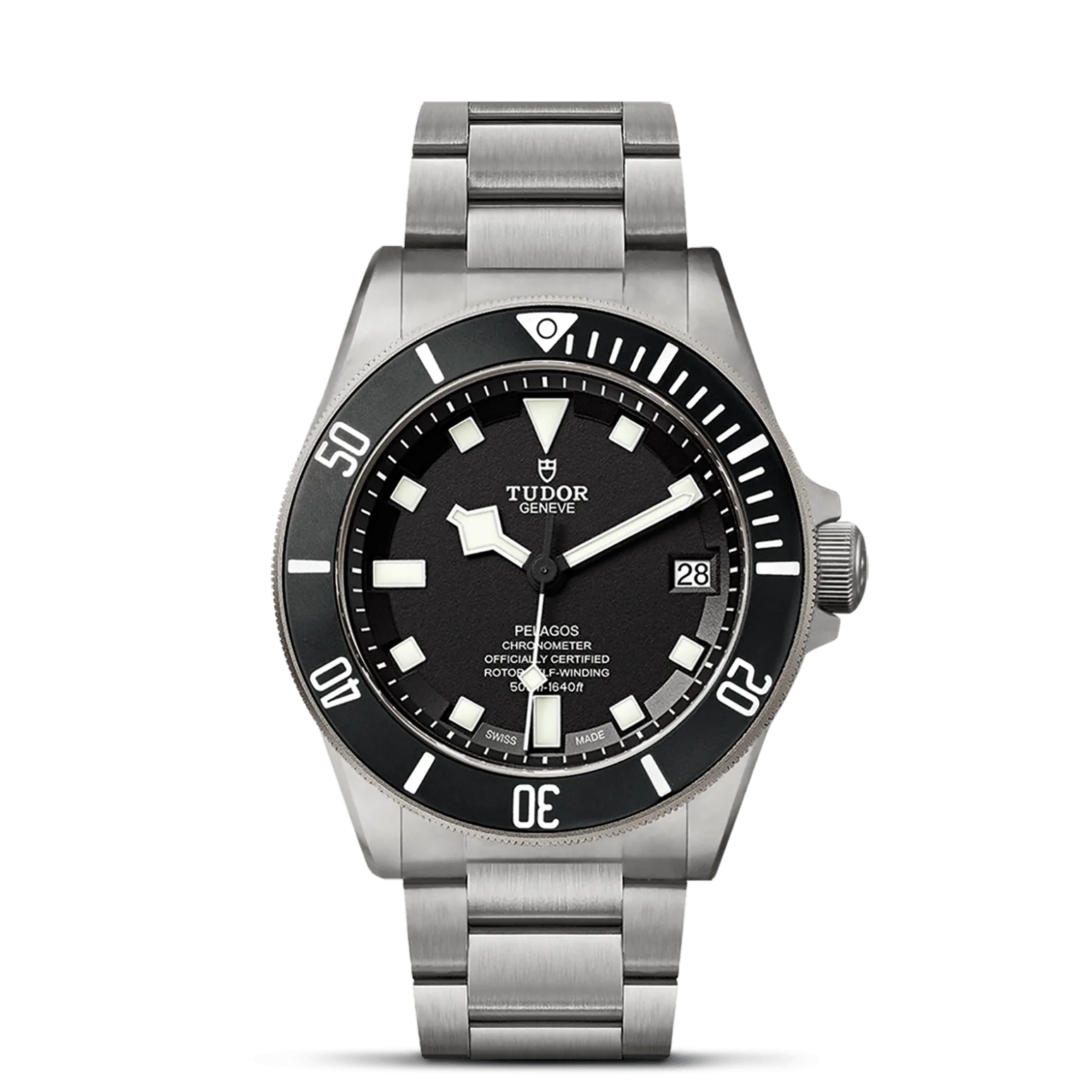 Pelagos, con Dial Negra con índices blancosy Bisel Bisel giratorio unidireccional de titanio con graduación de 60 minutos, disco de cerámica negra mate y graduaciones con material blanco luminiscente