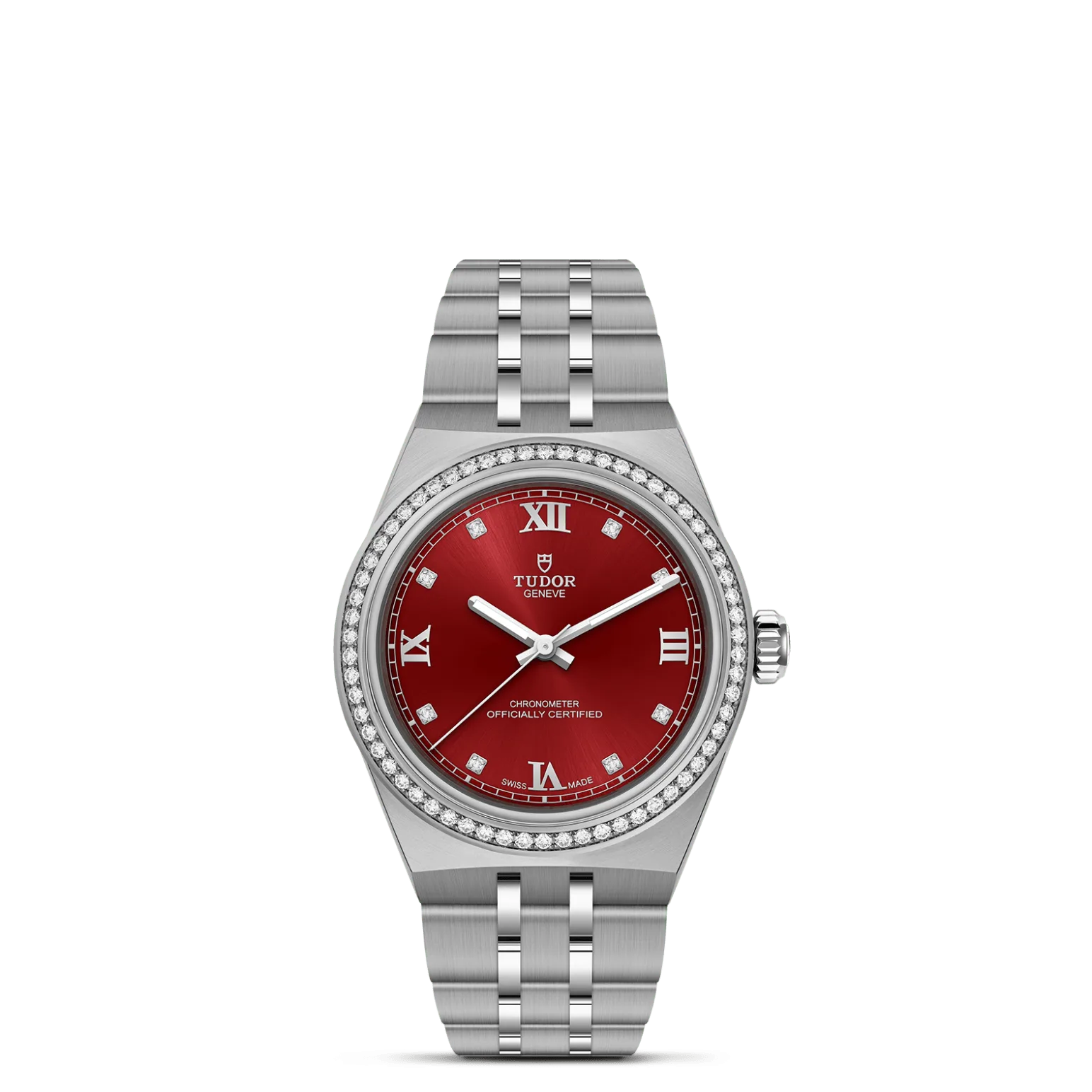 TUDOR Royal, con Dial Esfera burdeos, números romanosy Bisel Bisel de acero inoxidable engastado de diamantes