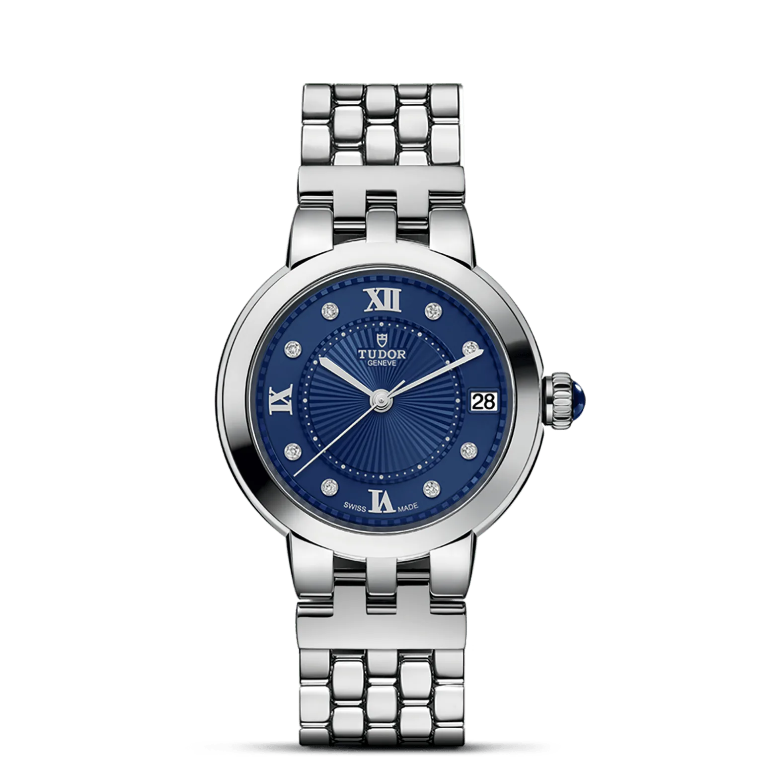 Clair de Rose, con Dial Azul con diamantesy Bisel Bisel liso de acero, acabado pulido