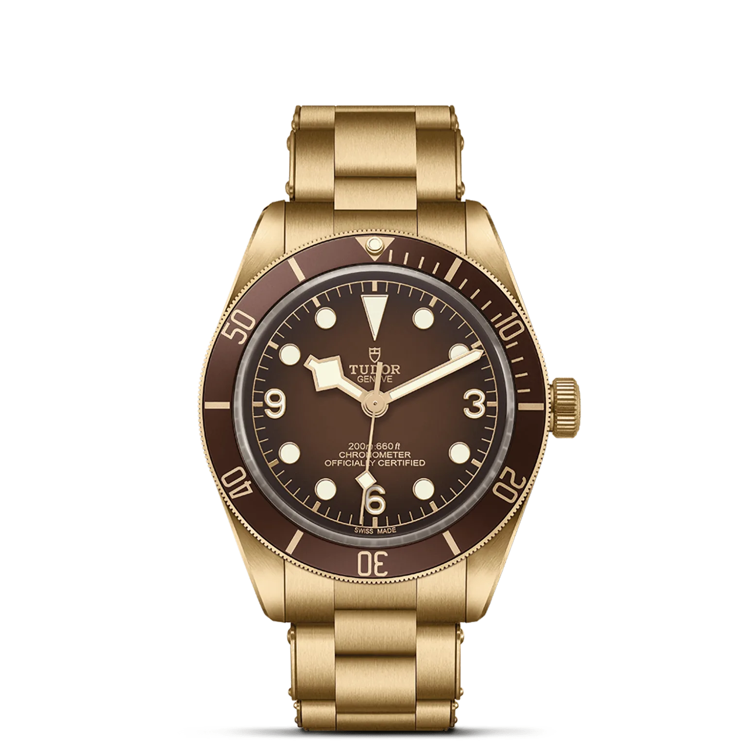Black Bay 58 Bronze, con Dial Esfera abombada de color «marrón‑bronce» mate degradado con marcadores de la hora con apliques y números arábigos en las 3, las 6 y las 9y Bisel Bisel giratorio unidireccional en bronce con disco de aluminio anodizado «marrón‑bronce» mate con graduación de 60 minutos