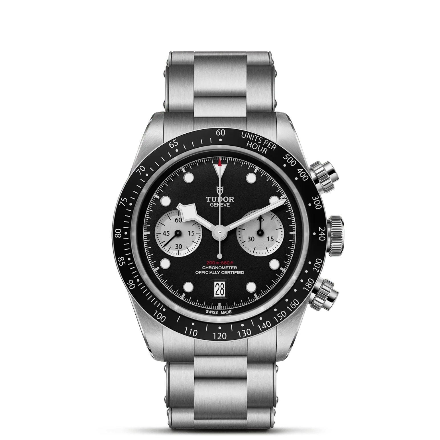 Black Bay Chrono, con Dial Negra con contadores de plata, abombaday Bisel Bisel fijo de acero inoxidable con disco de aluminio anodizado negro mate con escala taquimétrica y marcas en plata