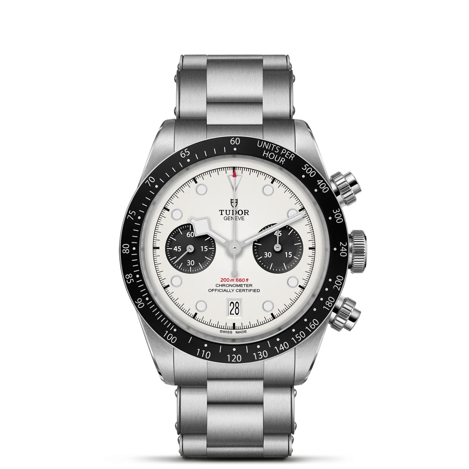 Black Bay Chrono, con Dial Opalina con contadores negros, abombaday Bisel Bisel fijo de acero inoxidable con disco de aluminio anodizado negro mate con escala taquimétrica y marcas en plata