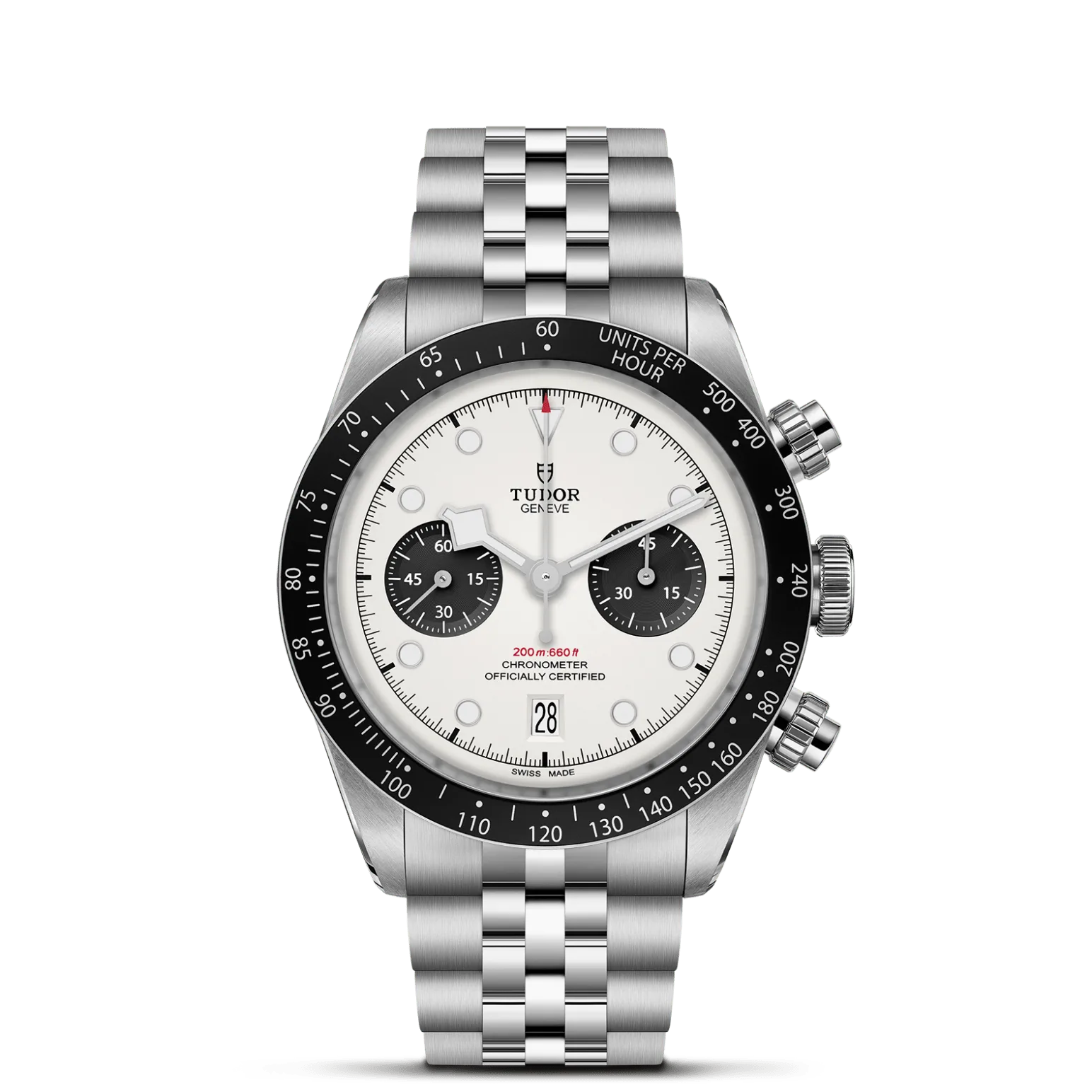 Black Bay Chrono, con Dial Opalina con contadores negros, abombaday Bisel Bisel fijo de acero inoxidable con disco de aluminio anodizado negro mate con escala taquimétrica y marcas en plata