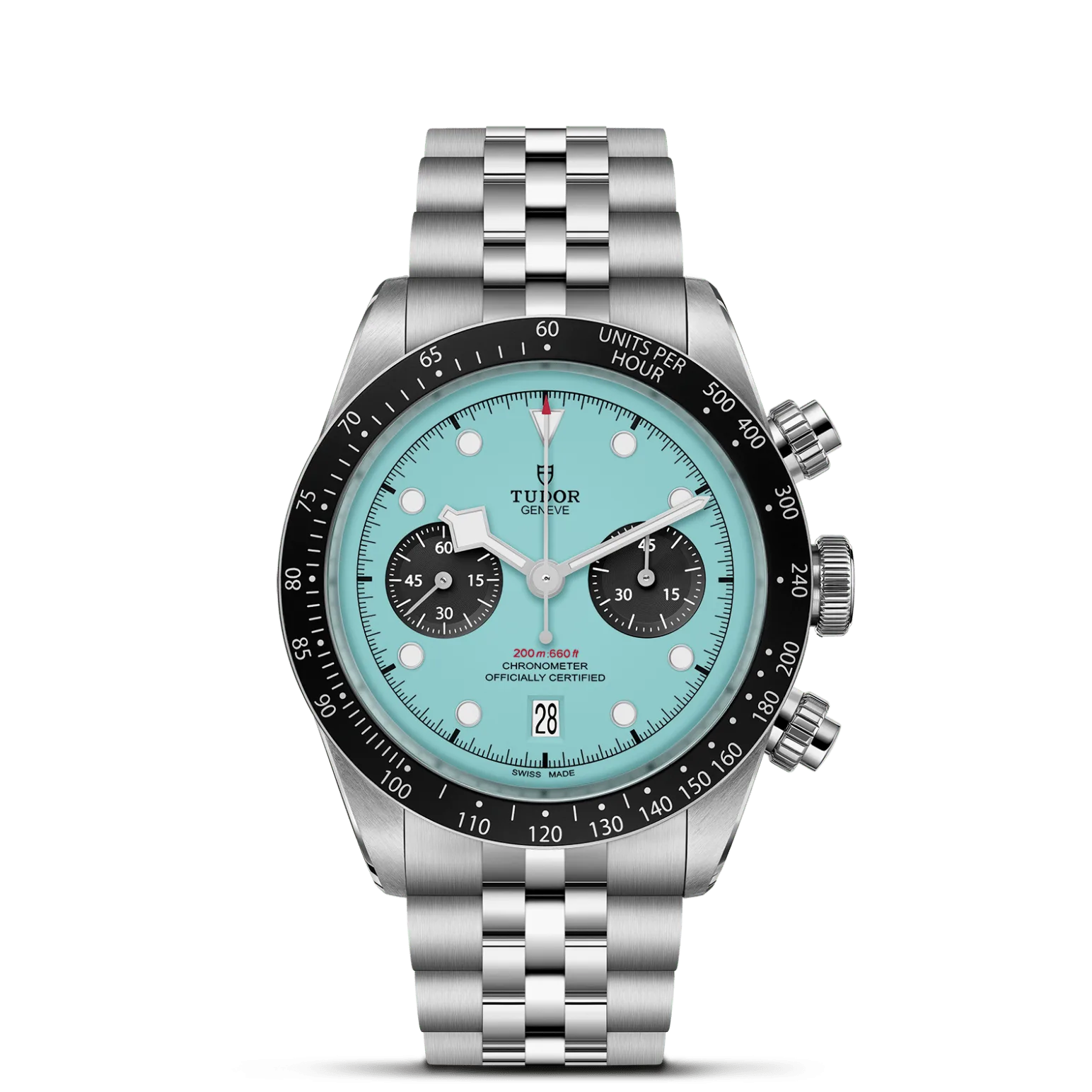Black Bay Chrono, con Dial Turquesa con contadores negros, abombaday Bisel Bisel fijo de acero inoxidable con disco de aluminio anodizado negro mate con escala taquimétrica y marcas en plata