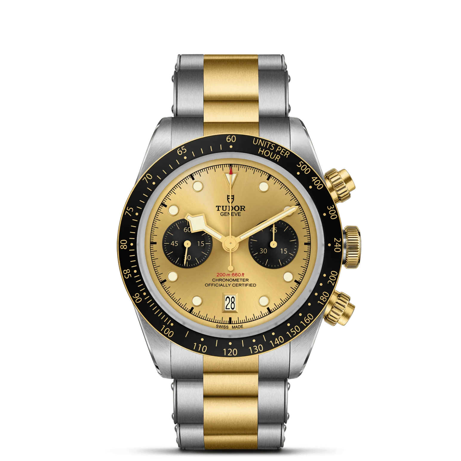 Black Bay Chrono S&G, con Dial Color champán con contadores negros, abombaday Bisel Bisel fijo de oro amarillo macizo con disco de aluminio anodizado negro mate con escala taquimétrica, marcas de oro amarillo