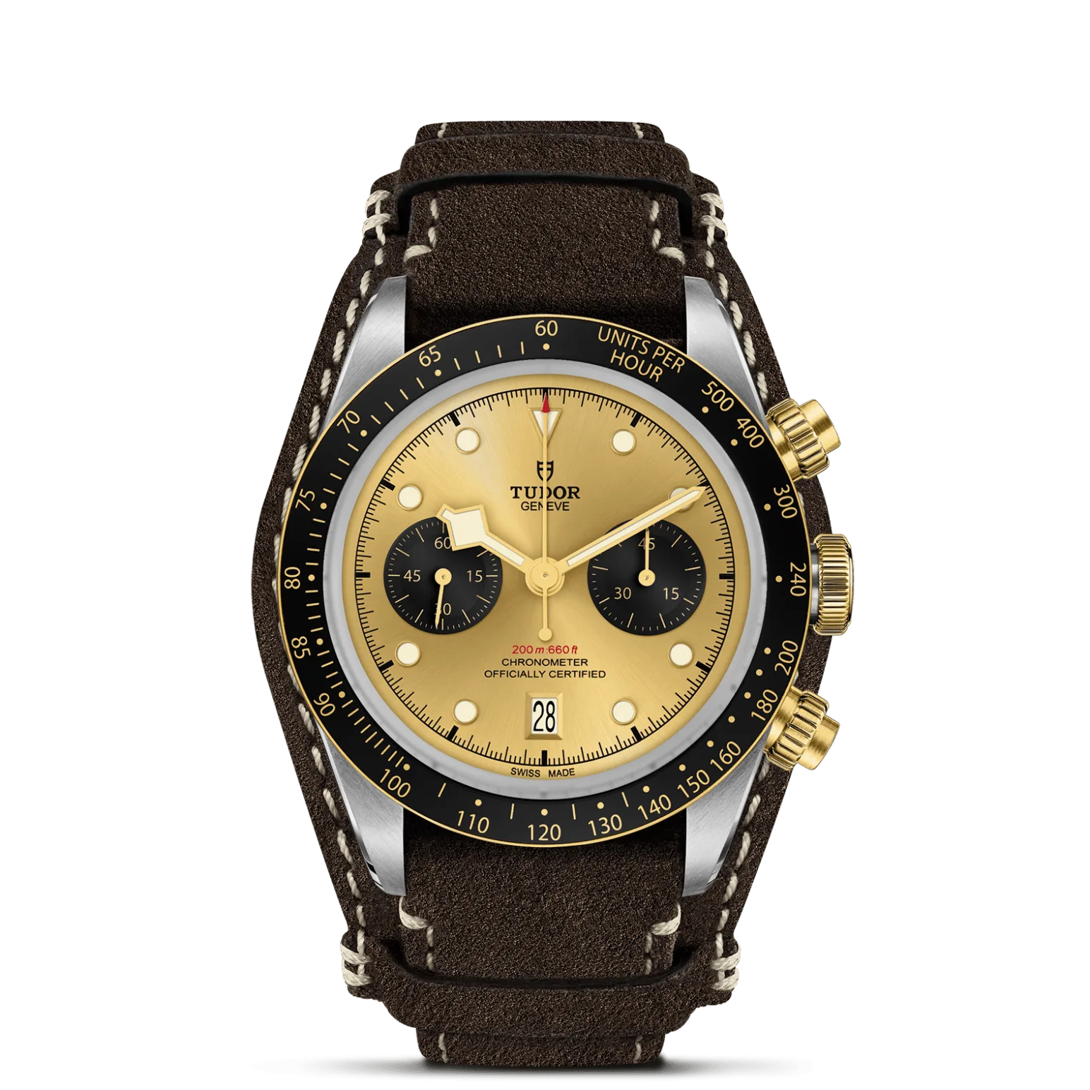 Black Bay Chrono S&G, con Dial Color champán con contadores negros, abombaday Bisel Bisel fijo de oro amarillo macizo con disco de aluminio anodizado negro mate con escala taquimétrica, marcas de oro amarillo