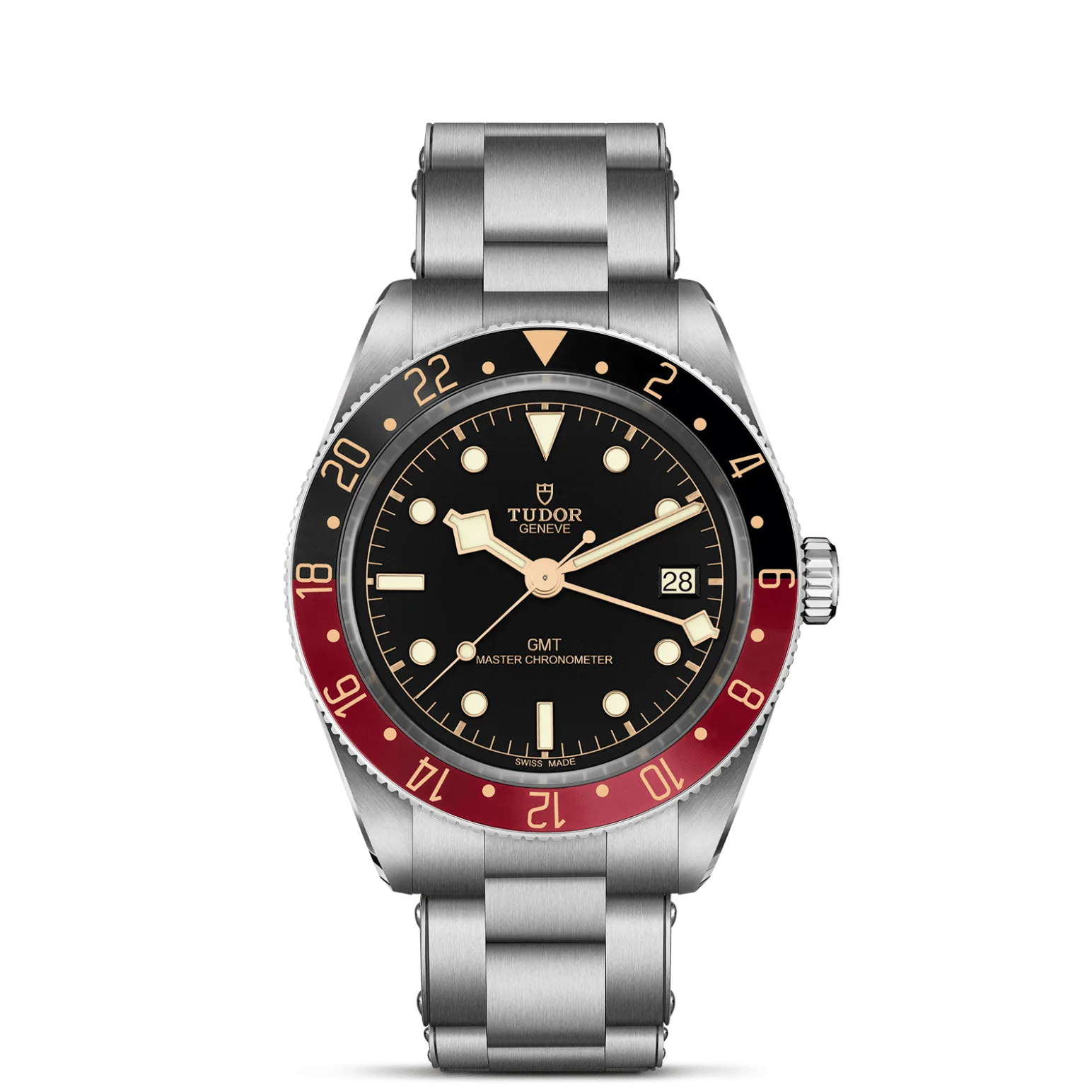 Black Bay 58 GMT, con Dial Negra, abombada, con marcadores de hora con apliques doradosy Bisel Bisel giratorio bidireccional 24 horas de acero inoxidable y disco de aluminio anodizado negro y burdeos mate