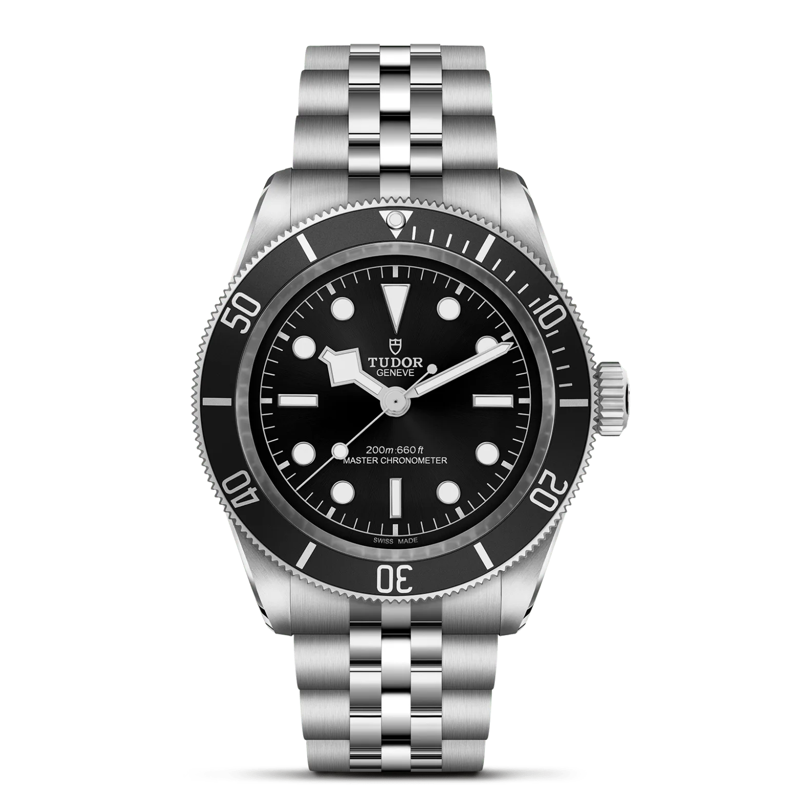 Black Bay, con Dial Negra, abombada, con marcadores de la hora con apliques plateadosy Bisel Bisel unidireccional 60 minutos de acero inoxidable con disco de aluminio negro