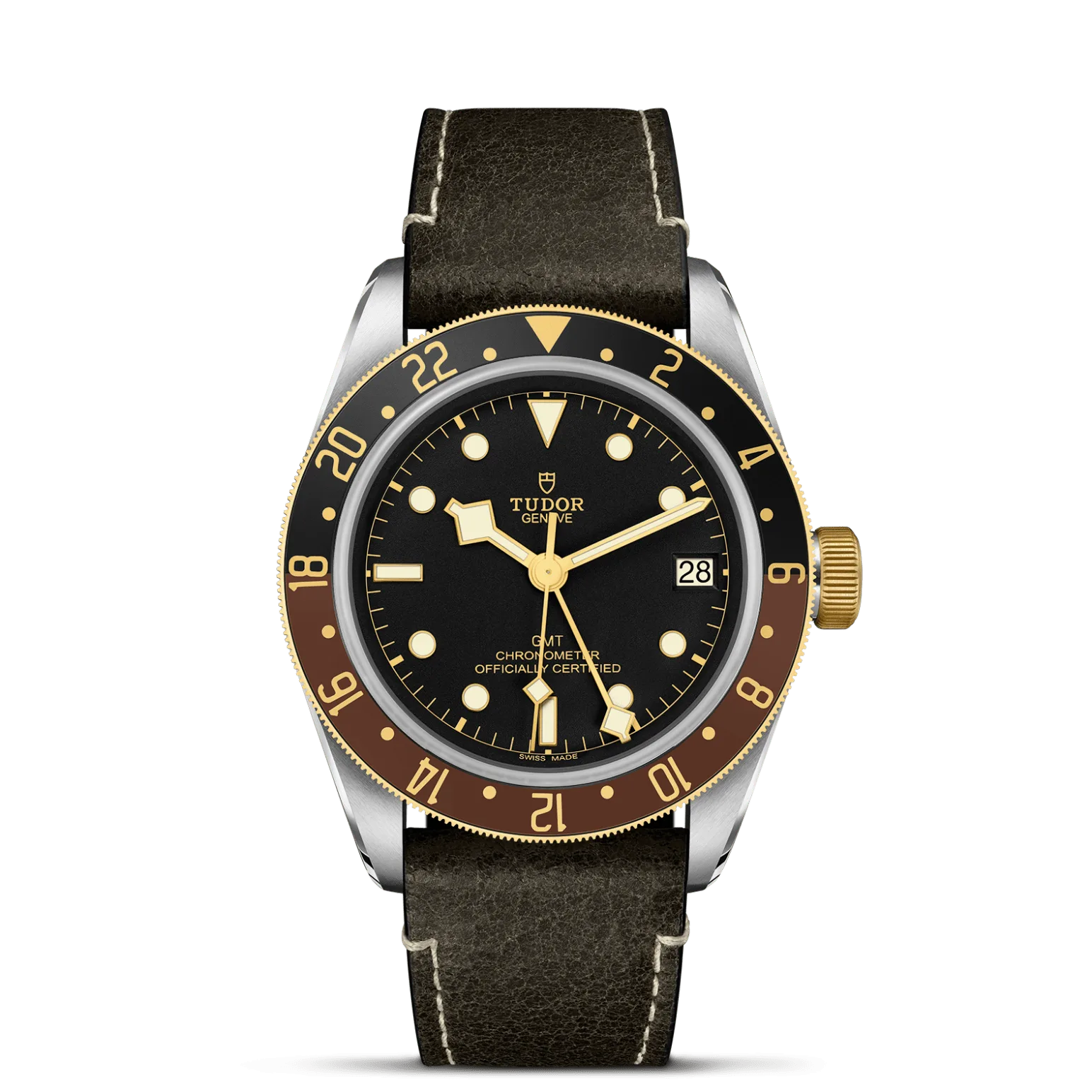 Black Bay GMT S&G, con Dial Negra, abombaday Bisel Bisel giratorio bidireccional de 48 muescas con un núcleo de acero recubierto de 0,3 mm de oro amarillo. Disco de aluminio anodizado graduado 24 horas en color marrón y negro mate