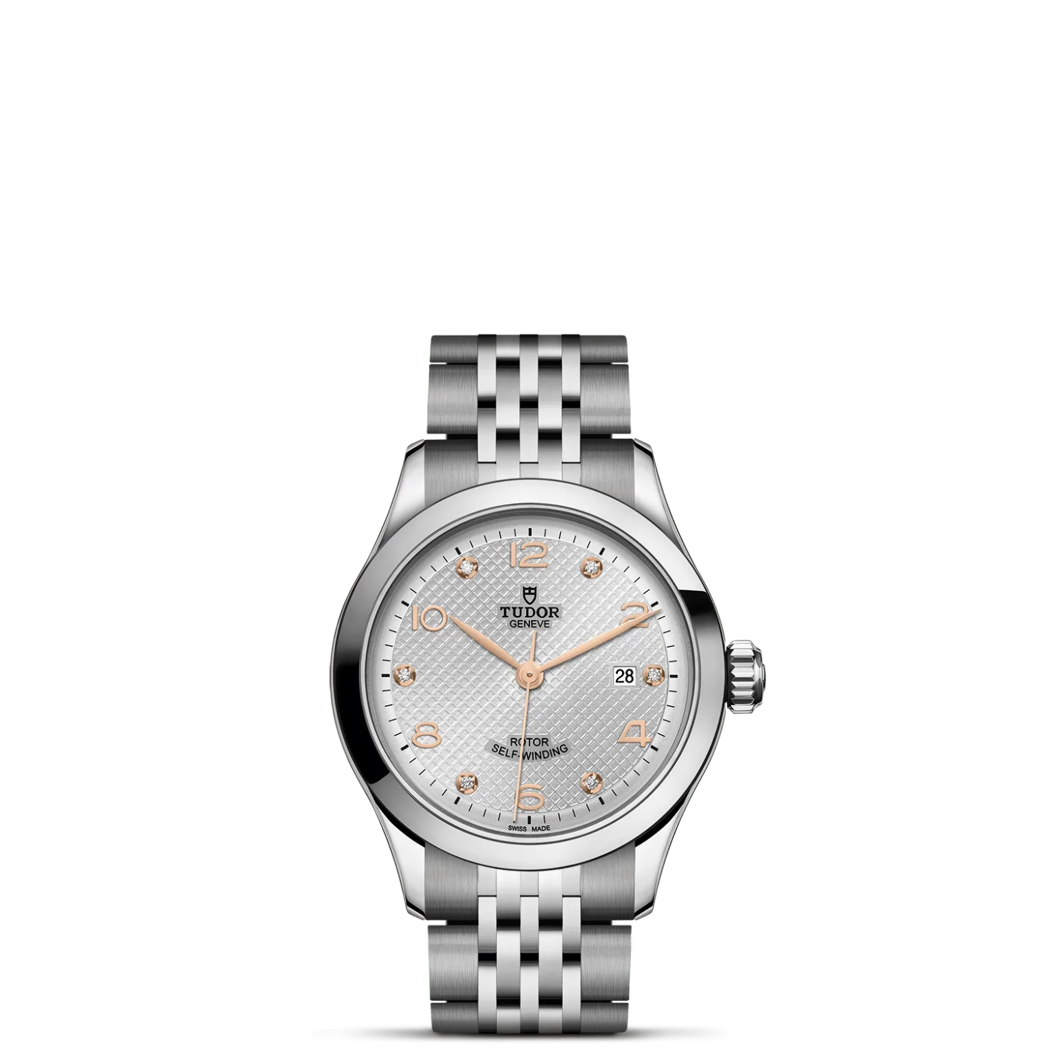 TUDOR 1926, con Dial Plateada, decorada con elementos grabados, abombada, con 6 diamantesy Bisel Bisel liso de acero, acabado pulido