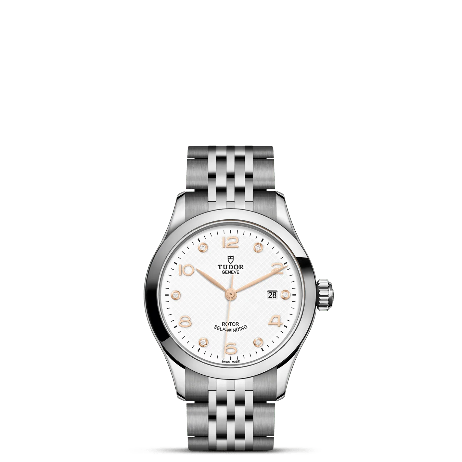 TUDOR 1926, con Dial Blanca, decorada con elementos grabados, abombada, con 6 diamantesy Bisel Bisel liso de acero, acabado pulido