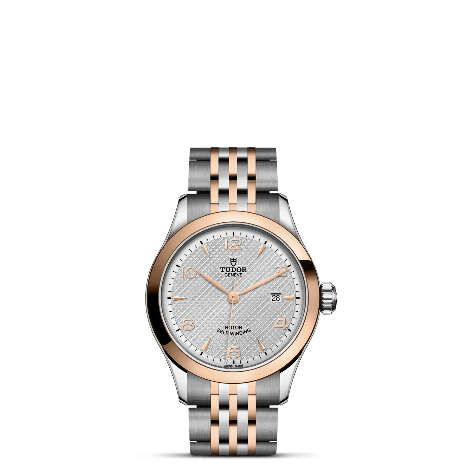 TUDOR 1926, con Dial Plateada, decorada con elementos grabados, abombaday Bisel Bisel liso de oro rosa macizo, acabado pulido