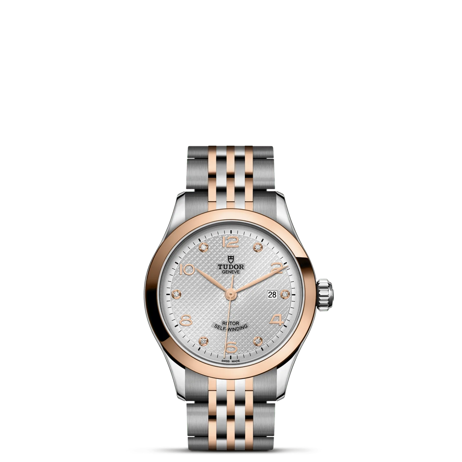 TUDOR 1926, con Dial Plateada, decorada con elementos grabados, abombada, con 6 diamantesy Bisel Bisel liso de oro rosa macizo, acabado pulido