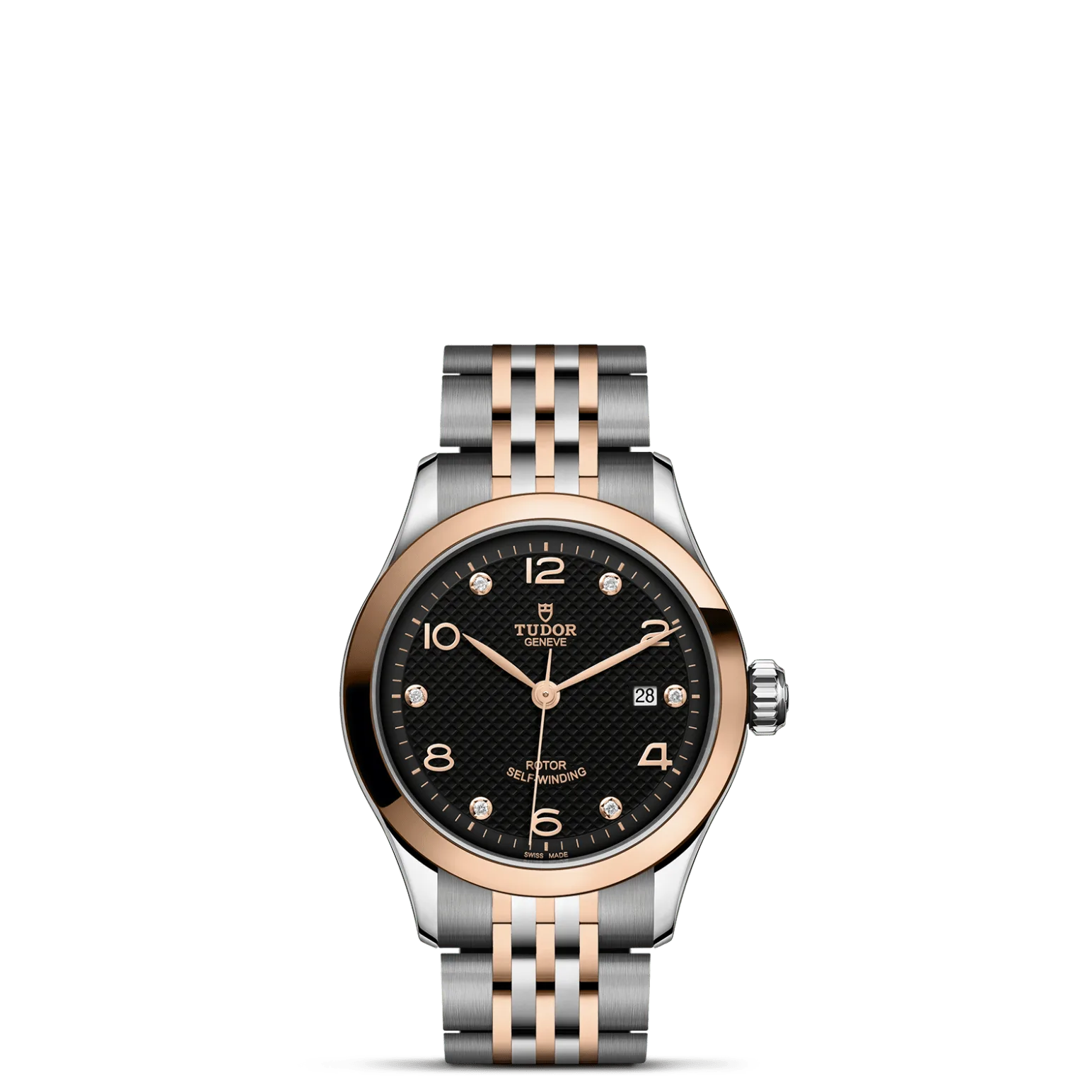 TUDOR 1926, con Dial Negra, decorada con elementos grabados, abombada, con 6 diamantesy Bisel Bisel liso de oro rosa macizo, acabado pulido